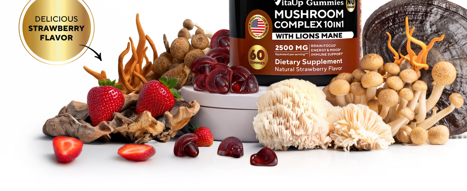Promotional banner for VitaUp Mushroom Complex 10-in-1 Gummies featuring hikers, key premium ingredients like Lions Mane and reishi, and product benefits including brain focus, immune support, and energy boost.