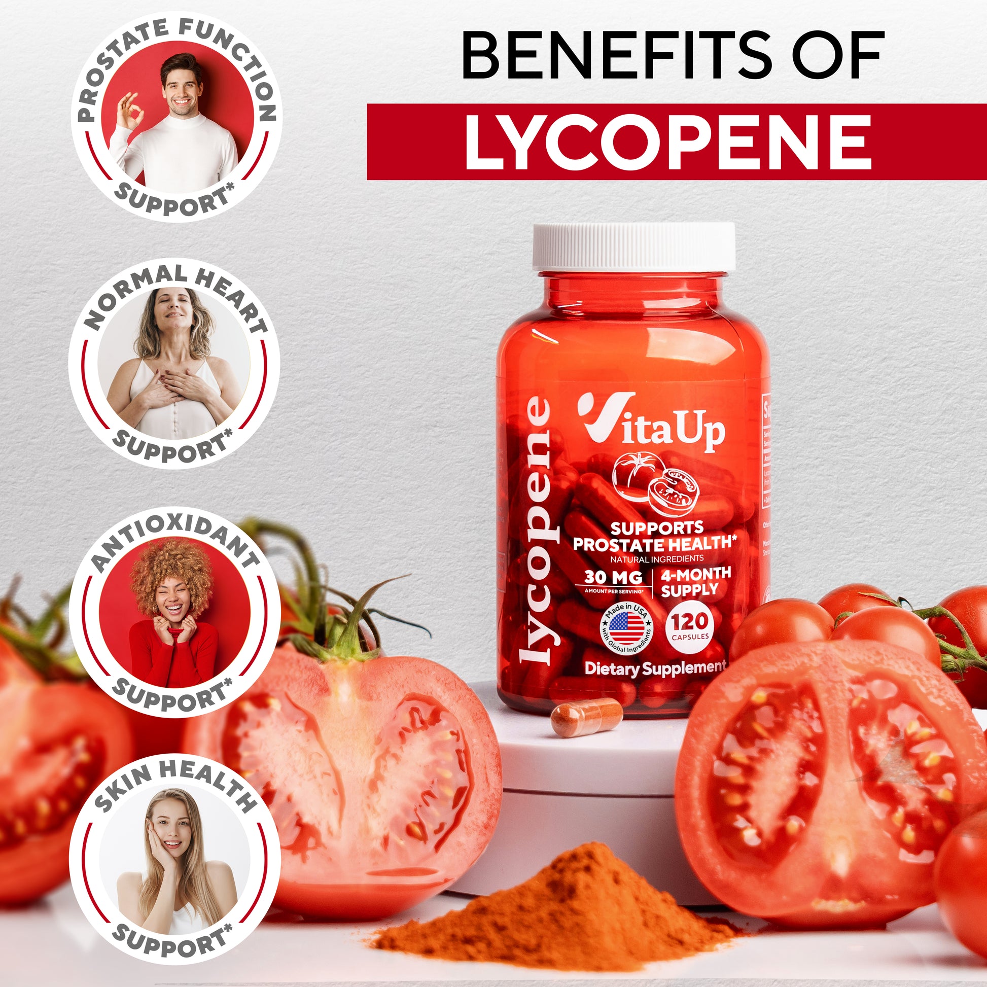 VitaUp Lycopene supplement bottle shown with whole and sliced tomatoes, highlighting benefits like prostate support, heart support, immune support, and skin protection.