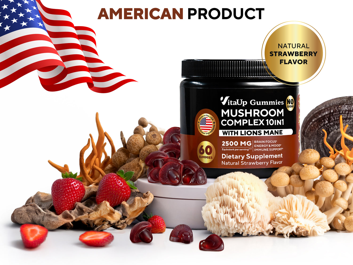 Promotional banner for VitaUp Mushroom Complex 10-in-1 Gummies featuring hikers, key premium ingredients like Lions Mane and reishi, and product benefits including brain focus, immune support, and energy boost.