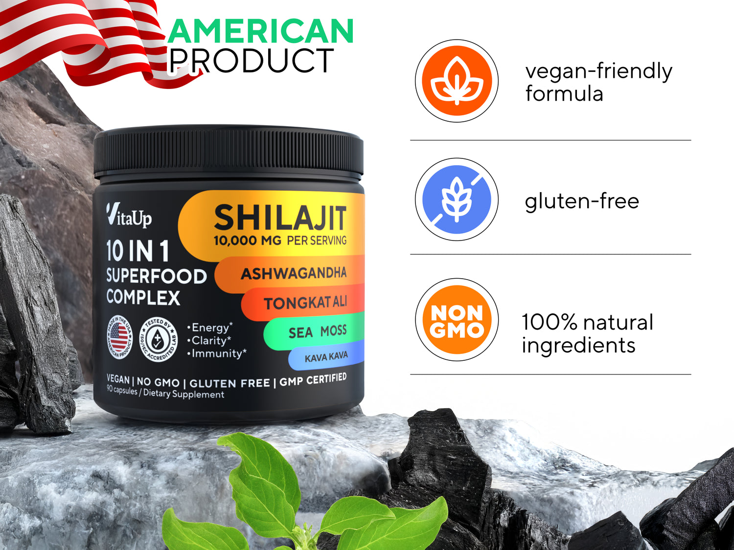 VitaUp Complex Shilajit jar on natural rock surface with illustrated ingredients like sea moss, tongkat ali, and ashwagandha, showcasing clean-label attributes such as vegan-friendly, gluten-free, and non-GMO.