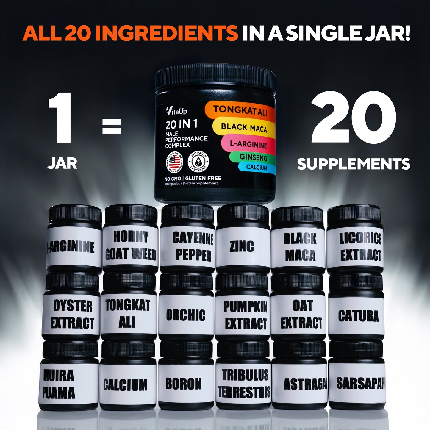 VitaUp 20-in-1 Male Performance Complex supplement jar, replacing 20 separate bottles with one formula. Ingredients shown include Tongkat Ali, Black Maca, L-Arginine, Ginseng, Calcium, Horny Goat Weed, Cayenne Pepper, Zinc, Licorice Extract, Oyster Extract, Orchic, Pumpkin Extract, Oat Extract, Catuaba, Muira Puama, Boron, Tribulus Terrestris, Astragalus, and Sarsaparilla