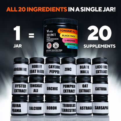 VitaUp 20-in-1 Male Performance Complex supplement jar, replacing 20 separate bottles with one formula. Ingredients shown include Tongkat Ali, Black Maca, L-Arginine, Ginseng, Calcium, Horny Goat Weed, Cayenne Pepper, Zinc, Licorice Extract, Oyster Extract, Orchic, Pumpkin Extract, Oat Extract, Catuaba, Muira Puama, Boron, Tribulus Terrestris, Astragalus, and Sarsaparilla