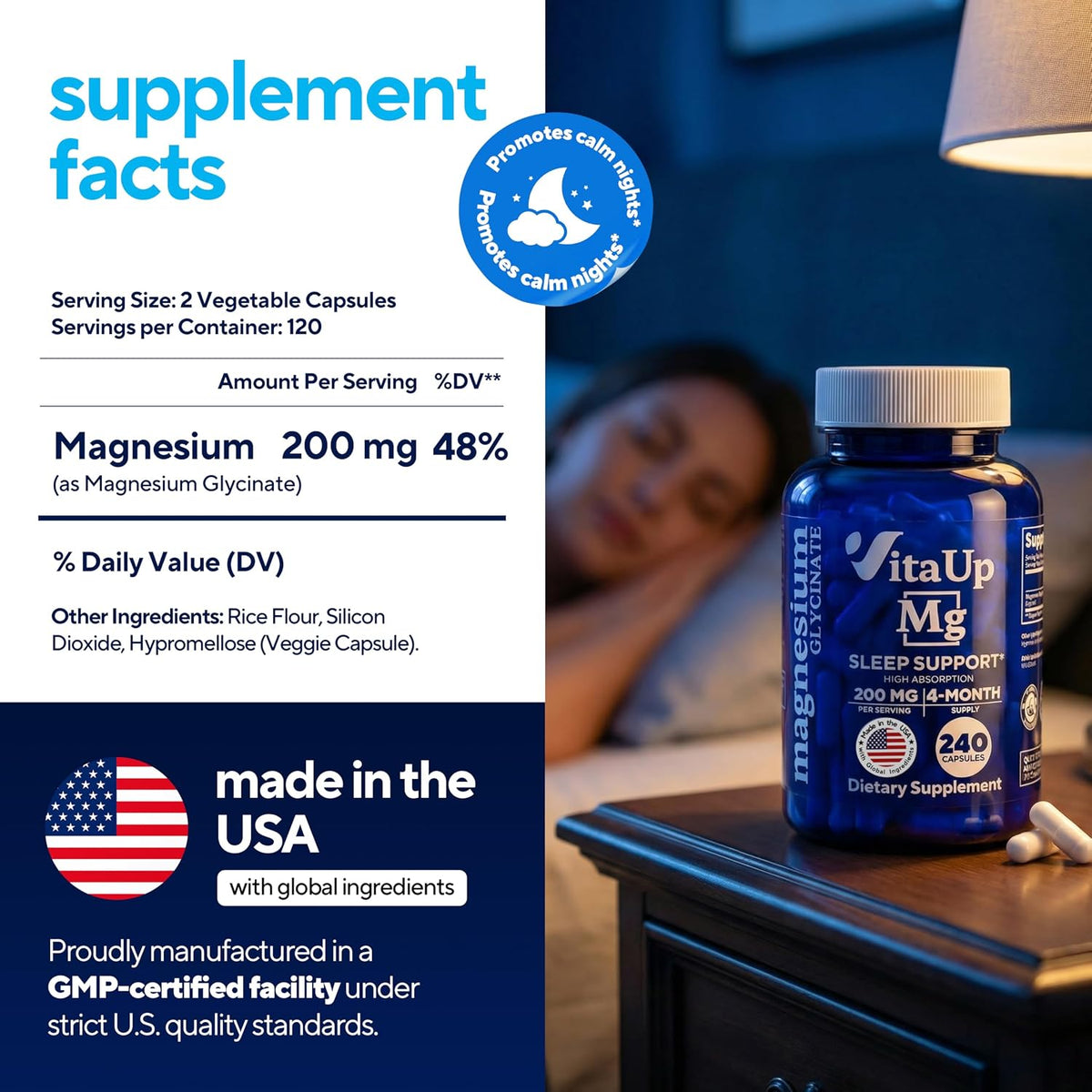 VitaUp Magnesium Glycinate 200mg - USA Made, Highly Absorbed, Non-GMO Magnesium for Relaxation, Deep Sleep, Bones & Heart - 200mg per Serving, 240 Vegan Capsules (EAN: 8720892223258)