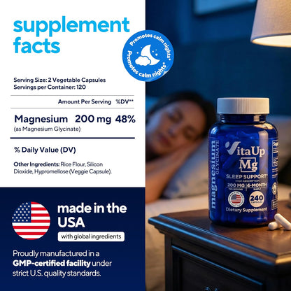VitaUp Magnesium Glycinate 200mg - USA Made, Highly Absorbed, Non-GMO Magnesium for Relaxation, Deep Sleep, Bones & Heart - 200mg per Serving, 240 Vegan Capsules (EAN: 8720892223258)