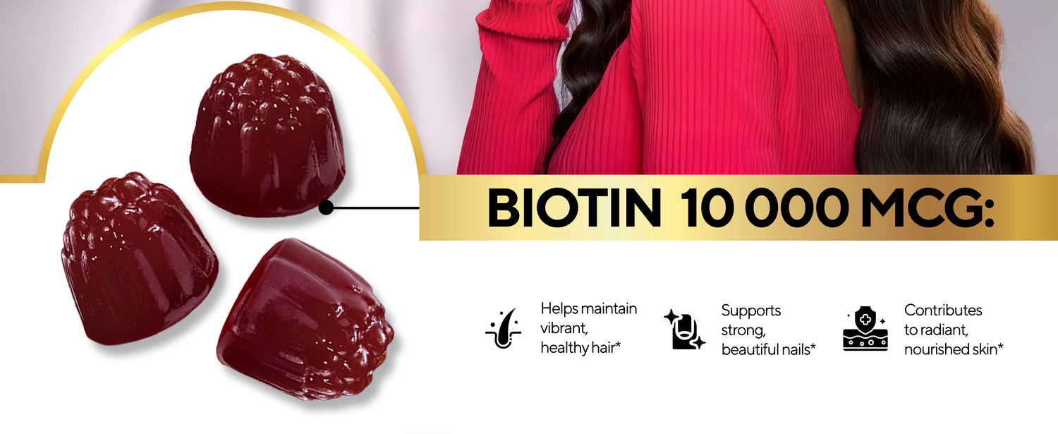 Raspberry gummies with text: Biotin 10,000 mcg – supports hair, nails & skin health
