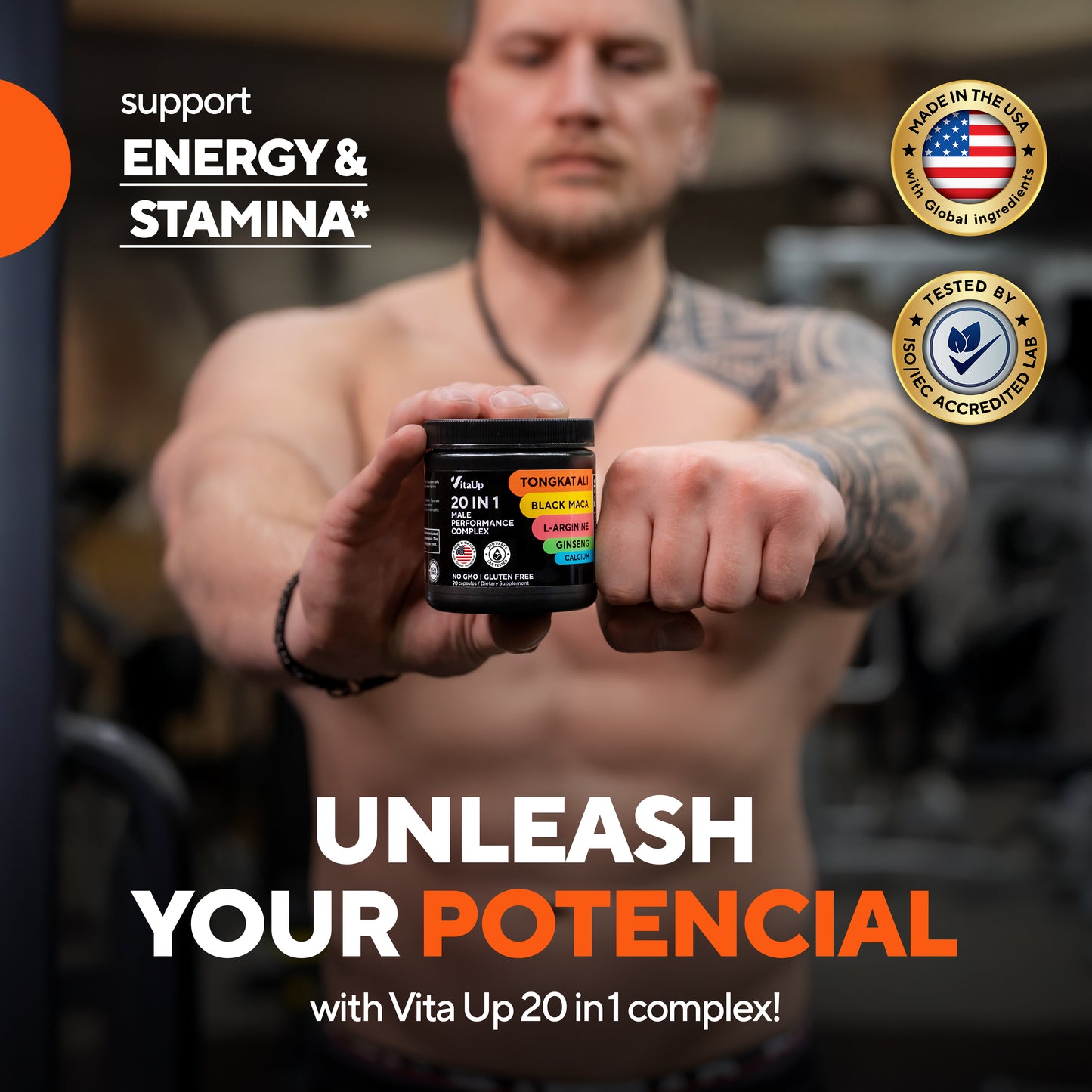 Man holding a supplement container with promotional text about energy and stamina support.