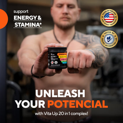 Man holding a supplement container with promotional text about energy and stamina support.
