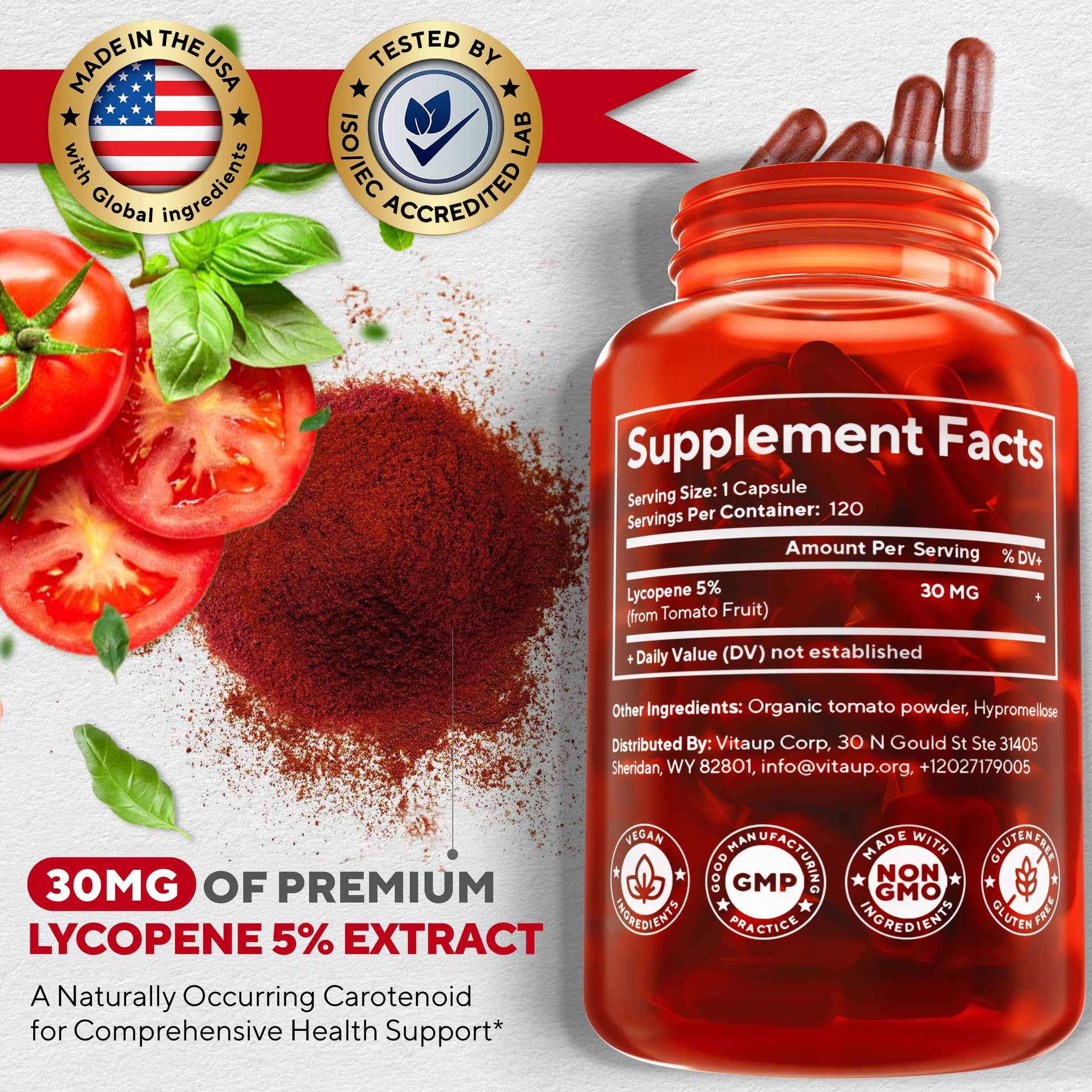 Supplement facts label of VitaUp Lycopene with 30 mg purified lycopene extract per serving, surrounded by tomatoes and tomato powder.