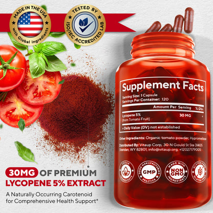 Supplement facts label of VitaUp Lycopene with 30 mg purified lycopene extract per serving, surrounded by tomatoes and tomato powder.