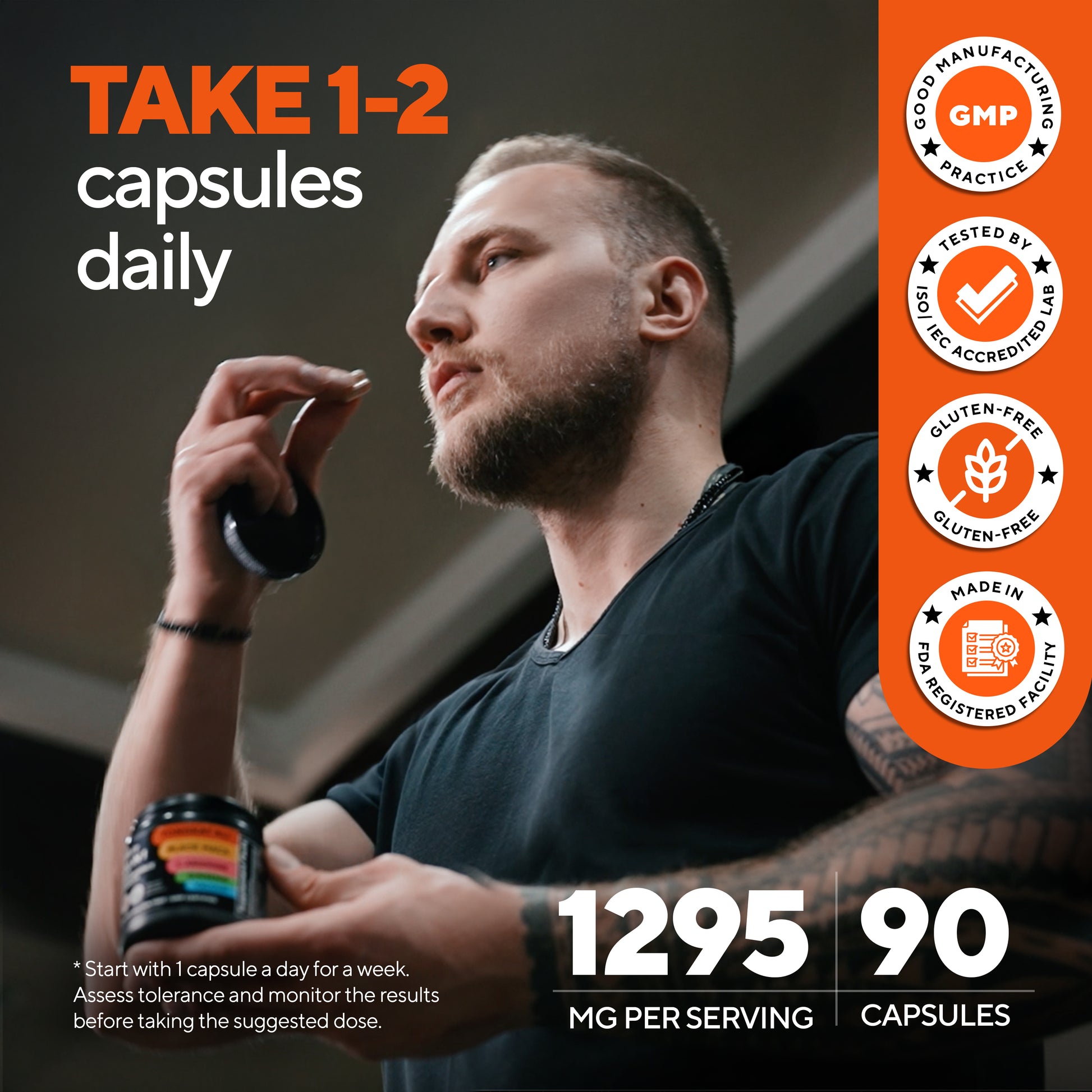 Man holding a supplement bottle with product details on an orange background