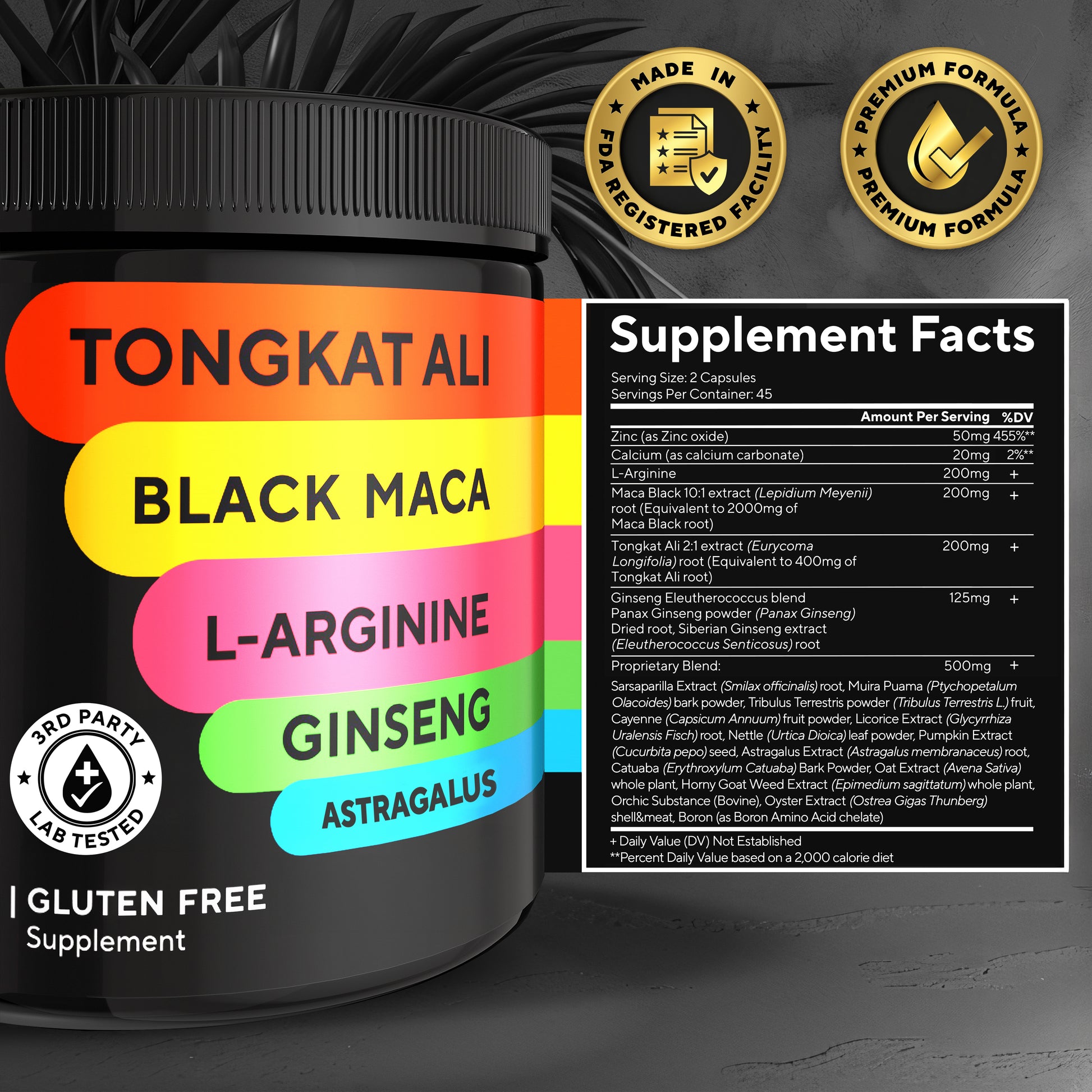Supplement Facts for VitaUp 20 in 1 Male Complex with Tongkat Ali, Maca, L-Arginine & Zinc