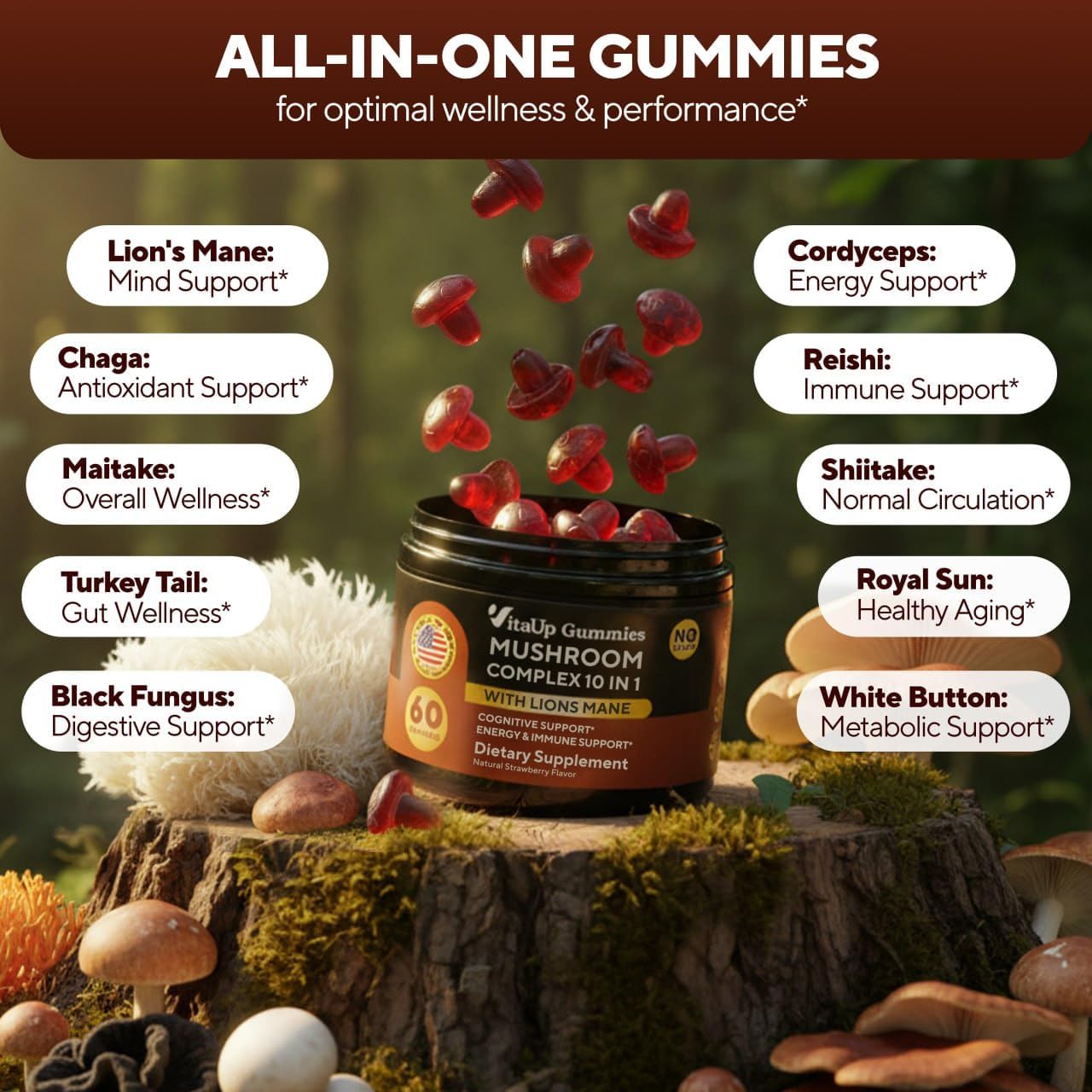 All-in-one gummies for optimal wellness & performance. Lion's mane: mind support, chaga - antioxidant support, maitake- overall wellness, turkey tail - gut wellness, back  fungus - digestive support, cordyceps - energy support, reishi - immune support, shiitake - norma circulation, royal sun - healthy aging, white button - metabolic support*