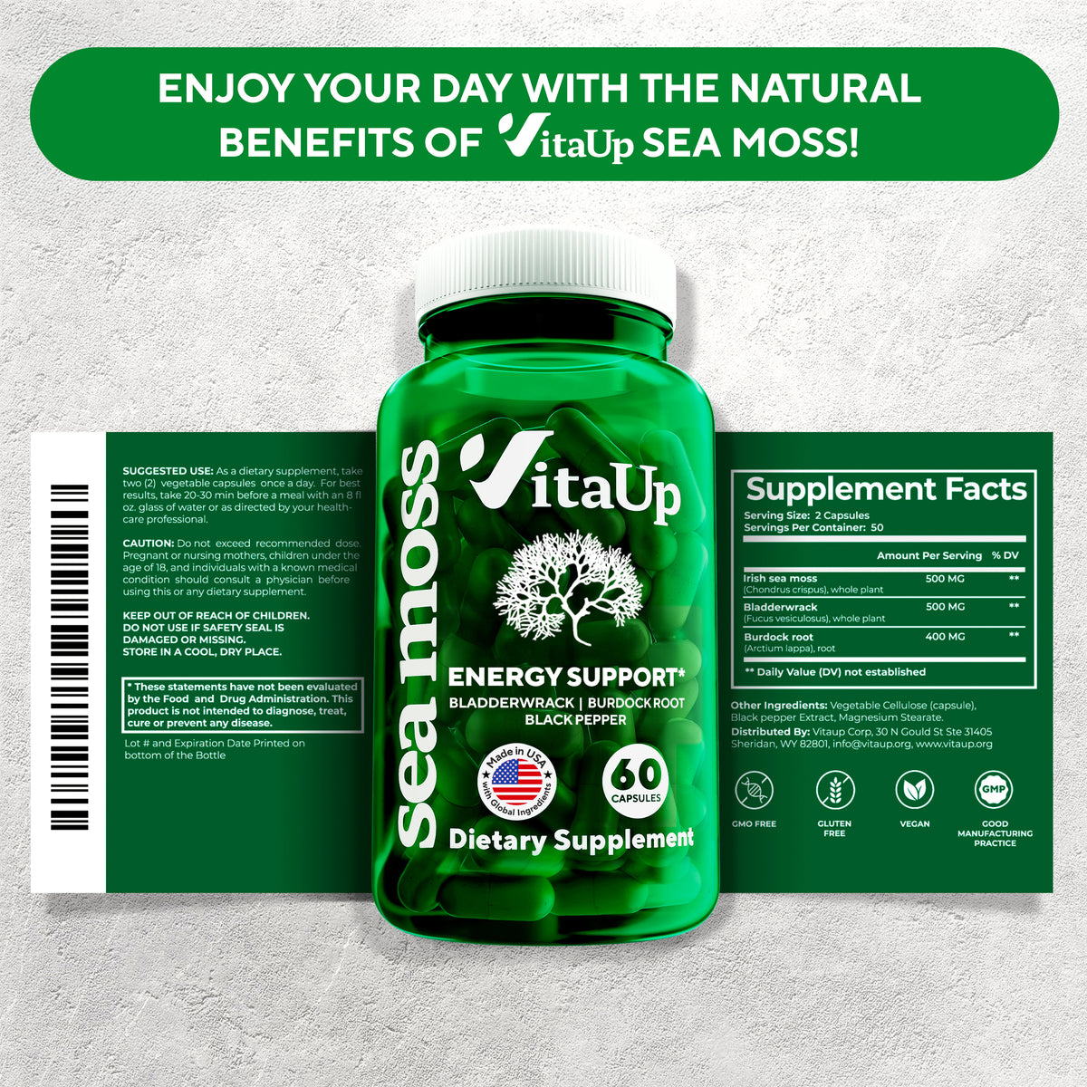 Supplement facts label for VitaUp Sea Moss 60 capsules with Irish moss, bladderwrack, and burdock root.