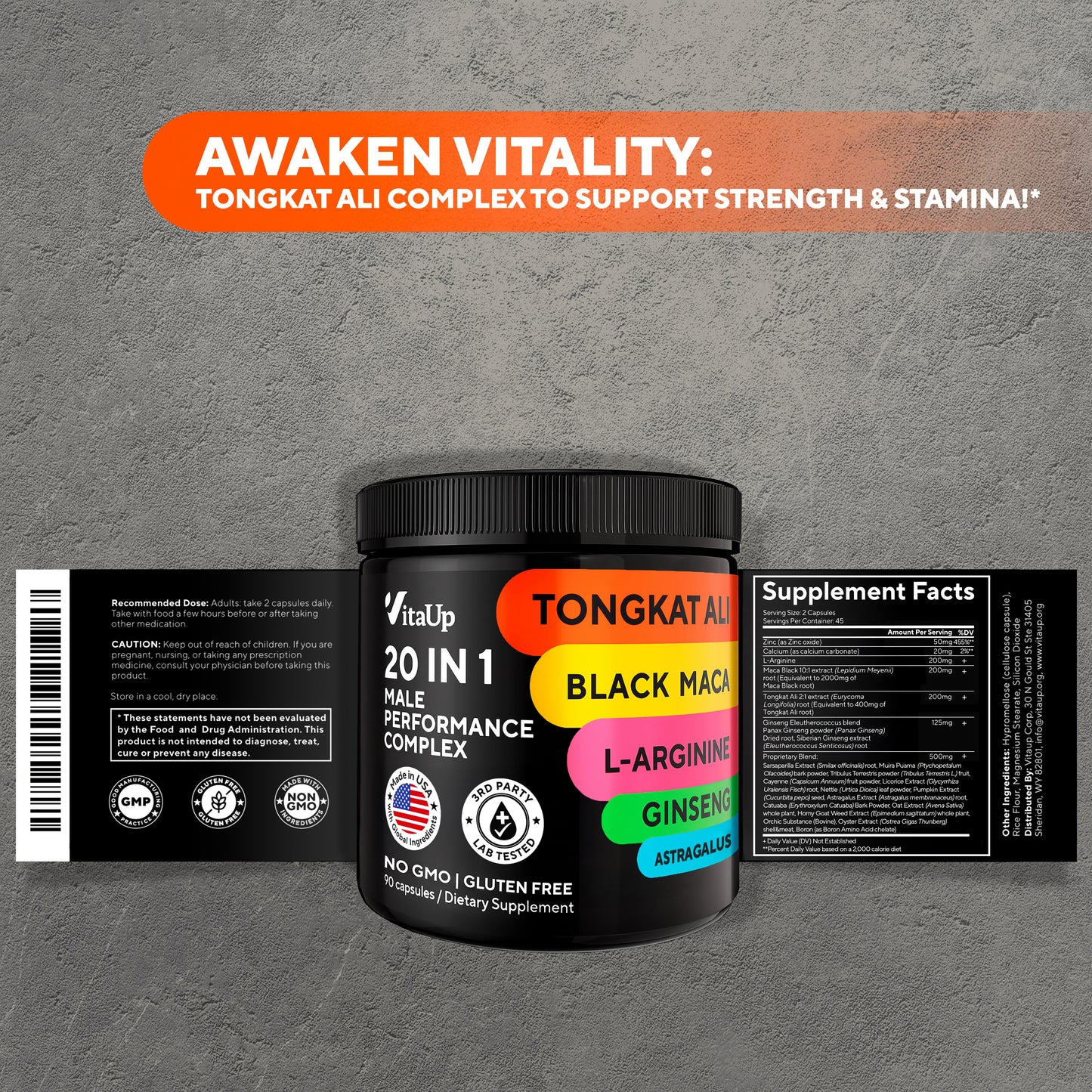 VitaUp 20 in 1 Male Performance Complex with Tongkat Ali, Maca, L-Arginine, Ginseng, Astragalus