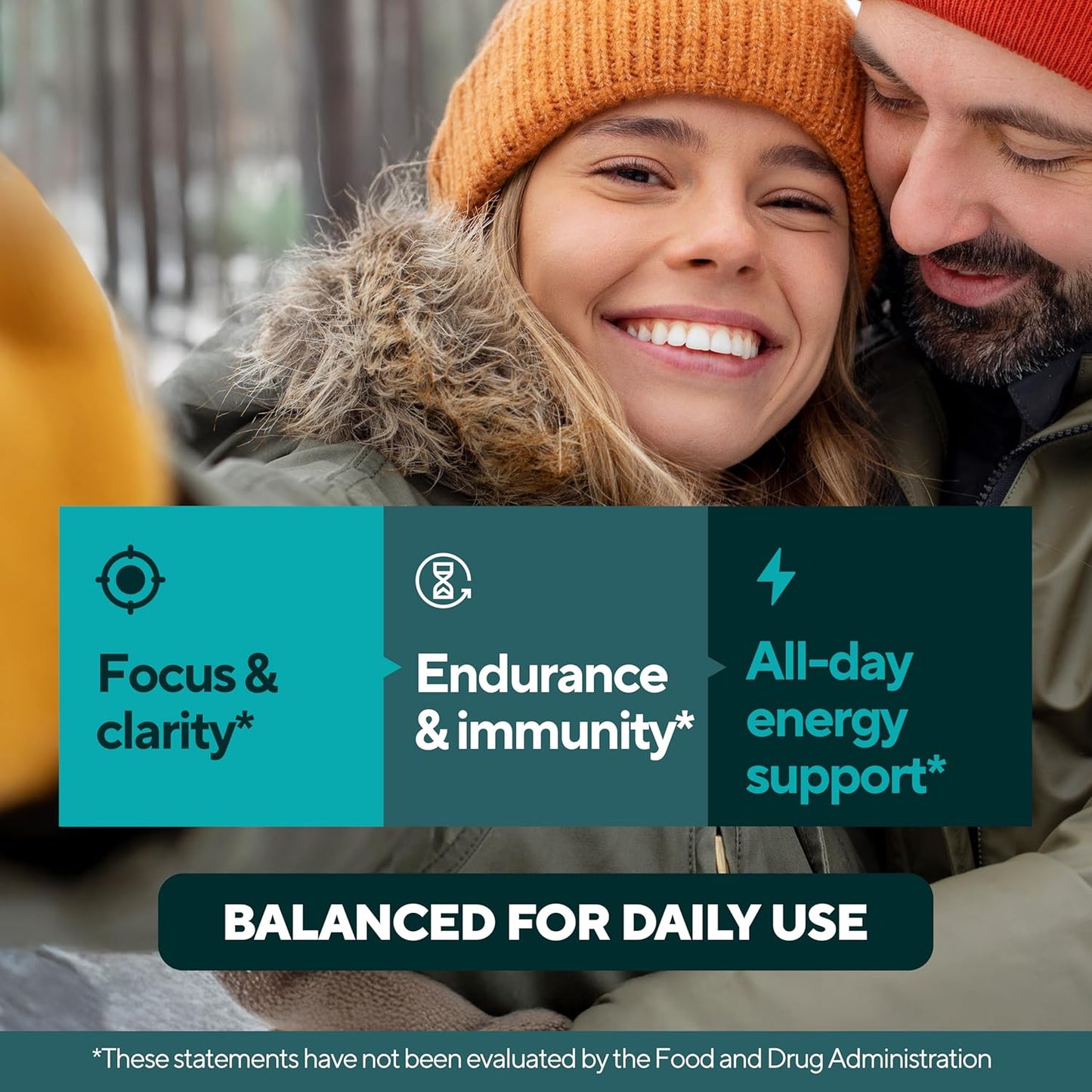 Focus & clarity*, Endurance & immunity*, all-day energy support* 