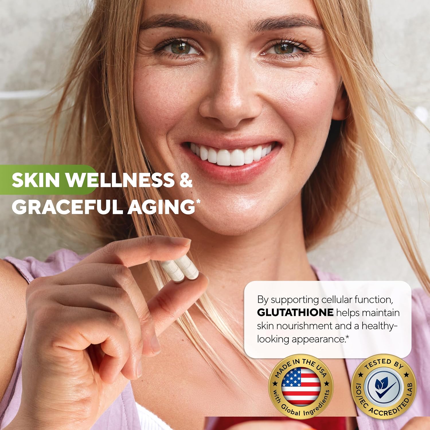  List of Glutathione supplement benefits including skin brightening, immune support, and detoxification.