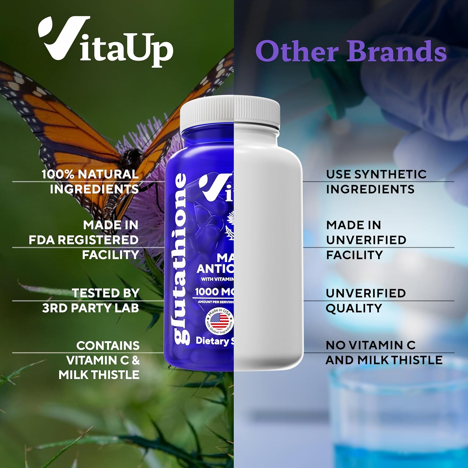  Side-by-side comparison of VitaUp Glutathione vs other brands, highlighting natural ingredients and third-party testing.