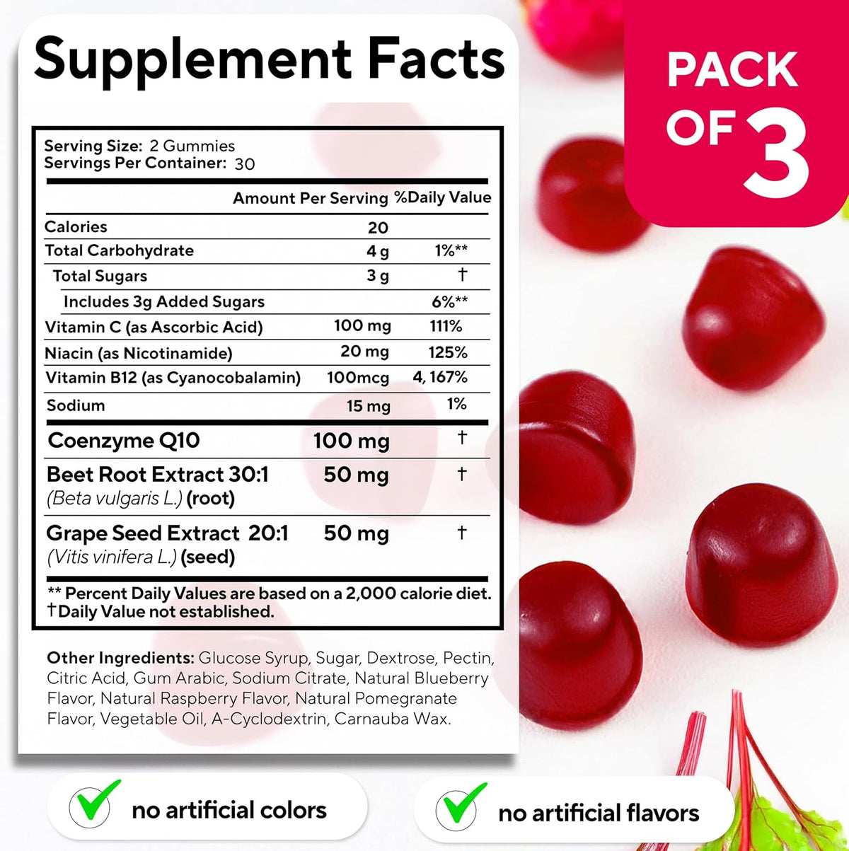 Beet Root Gummies – Beetroot Gummies with CoQ10, Grape Seed, Vitamin C, B12 & B3 – Beets Gummies for Circulation, Energy & Immune Support – 60 Beets Chews – Pack of 3