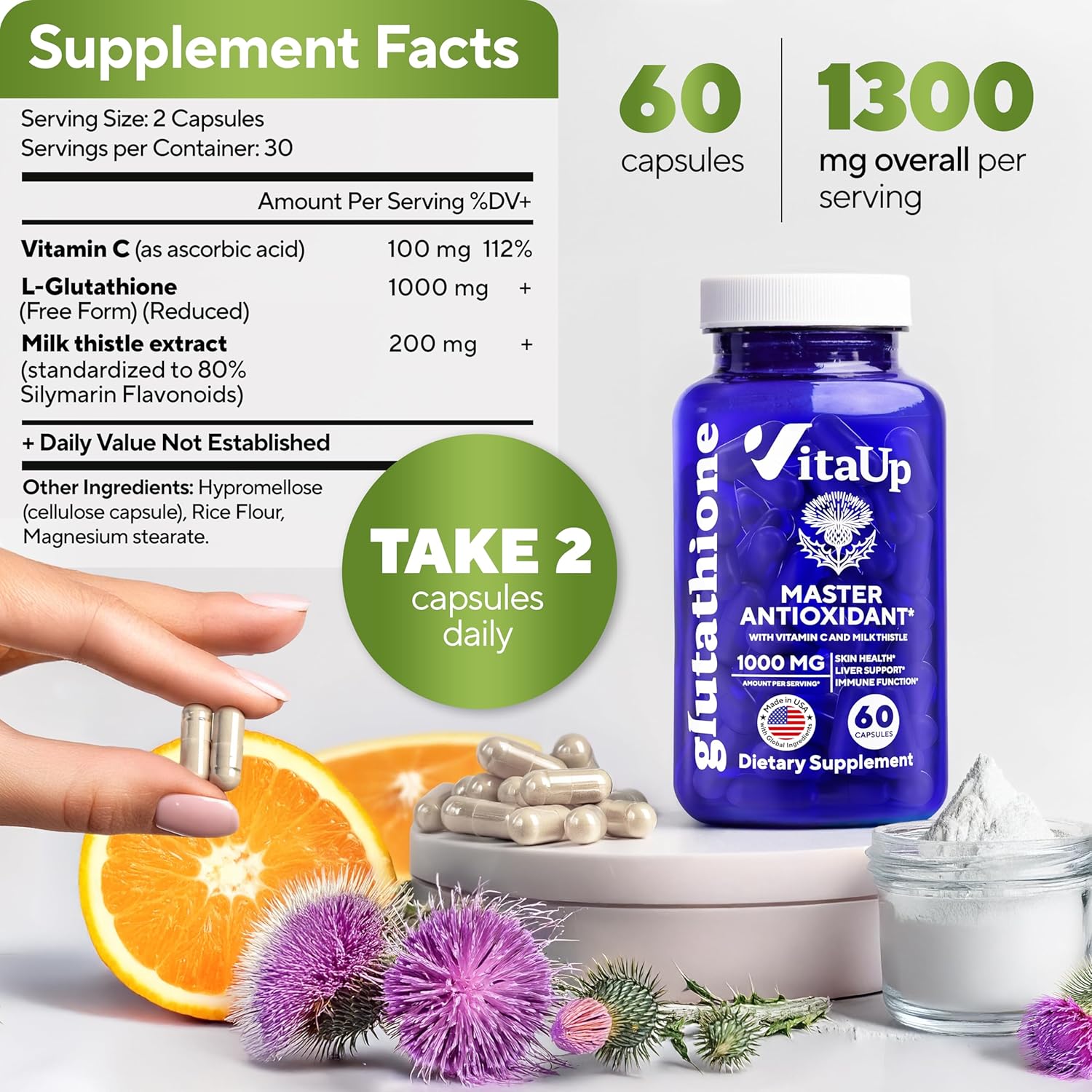  Supplement facts panel for VitaUp Glutathione showing 1000mg Glutathione per serving and ingredient details.