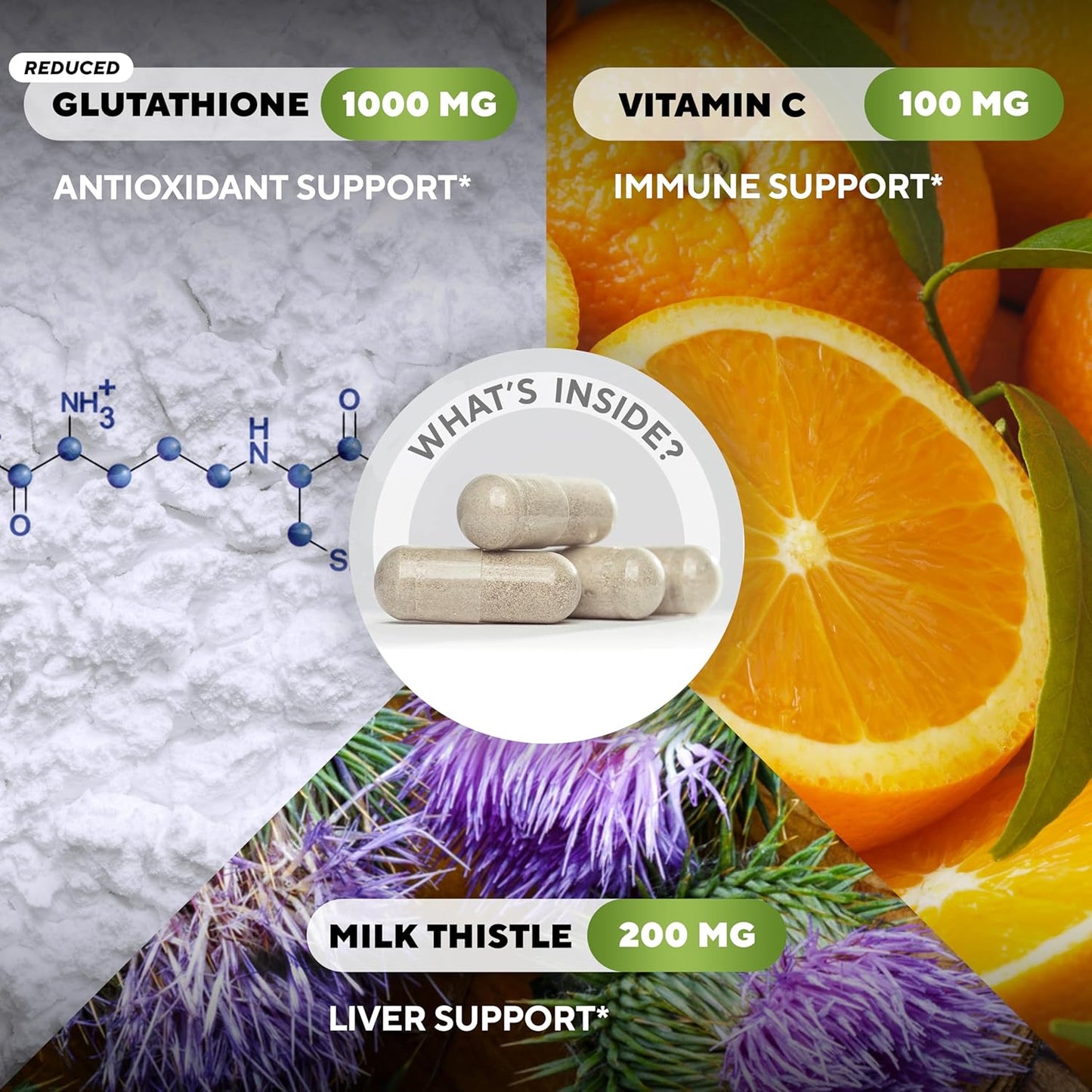VitaUp Glutathione bottle with bright citrus fruits and bubbles symbolizing detox, glowing skin, and antioxidant effects.