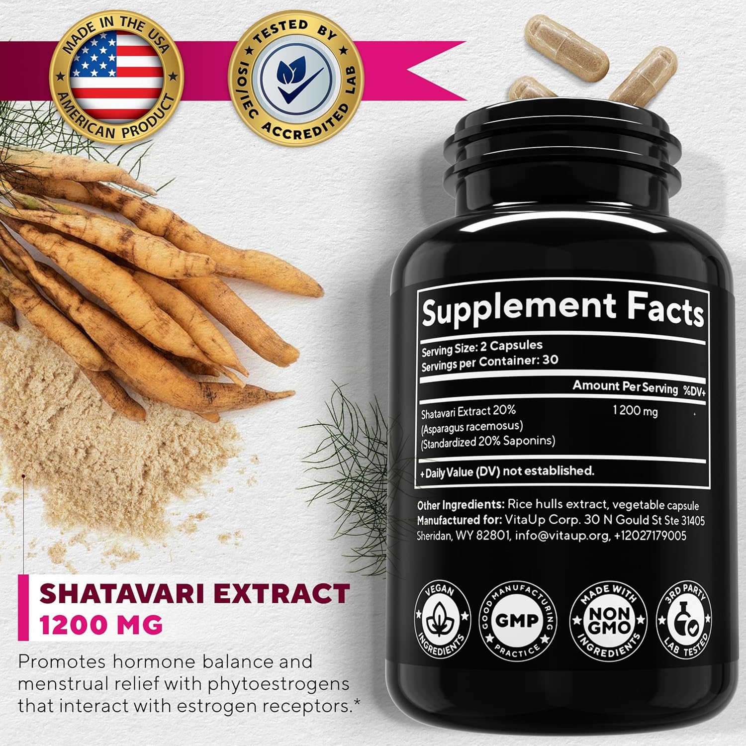  Supplement facts panel of VitaUp Shatavari showing 1200mg Shatavari root extract per serving and suggested use.