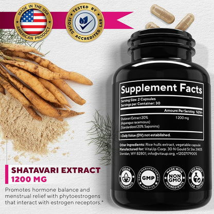  Supplement facts panel of VitaUp Shatavari showing 1200mg Shatavari root extract per serving and suggested use.