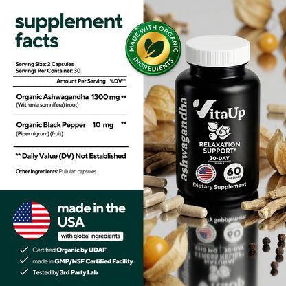 Organic ashwagandha 1300mg,  organic black pepper 10 mg