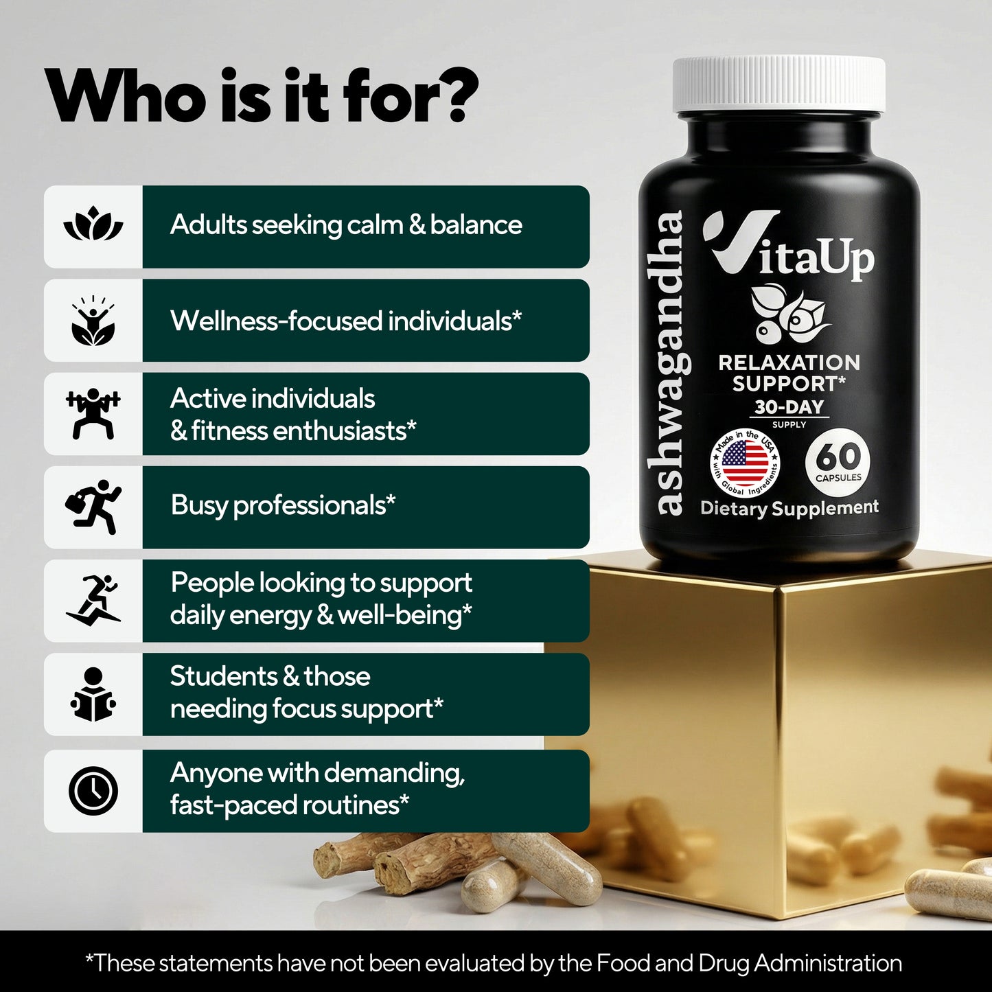 Who is it for? Adults seeking calm&balance, wellness-focused  individuals*, active individuals & fitness enthusiasts*, busy  professionals* people looking t support daily  energy  & well-being, student & those needing focus support*, anyone with  demanding fast-pased routines* 