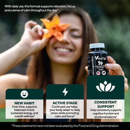 With daily use,  this formula supports relaxation, focus and  a  sense of calm throughout the day*