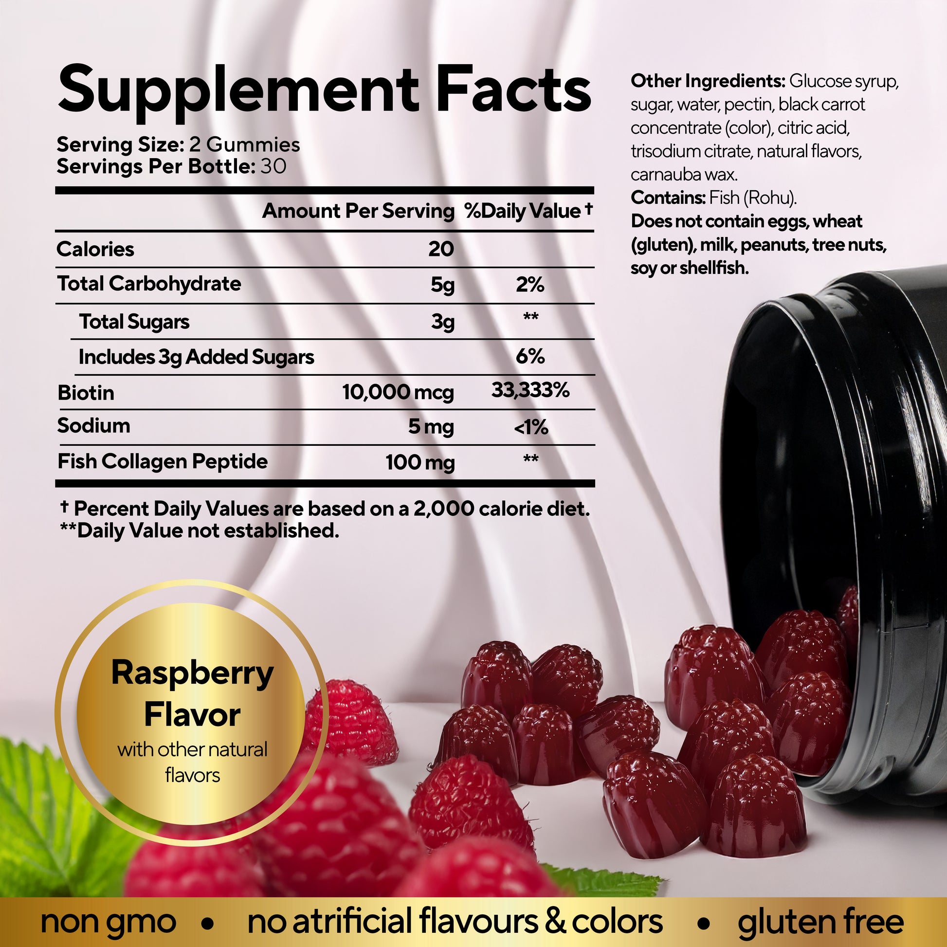 Supplement Facts label for VitaUp Biotin 10,000 mcg with Collagen gummies, raspberry flavor.