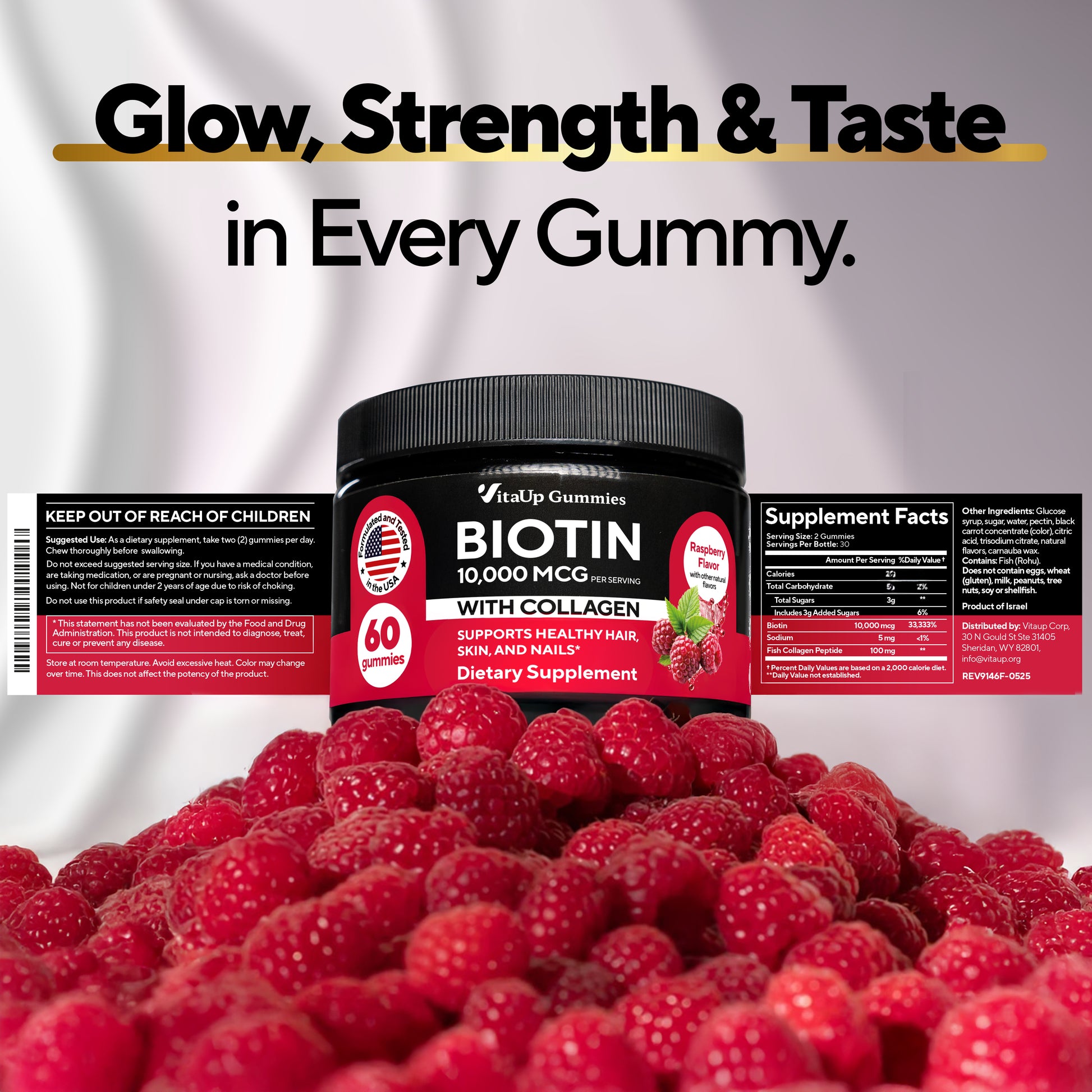 VitaUp Biotin with Collagen gummies jar on raspberries with glow and strength tagline