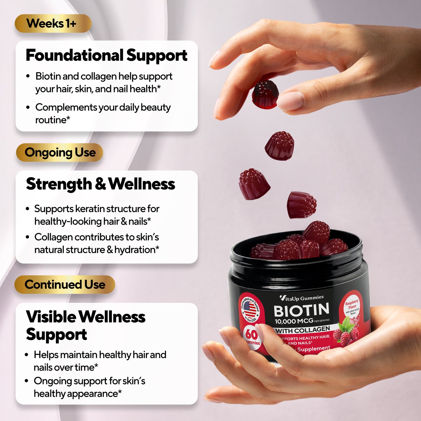 VitaUp Biotin with Collagen gummies shown with wellness support benefits over continued use