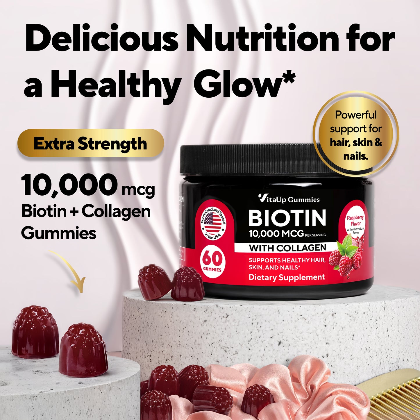 VitaUp Biotin + Collagen gummies jar with extra strength 10,000 mcg highlight