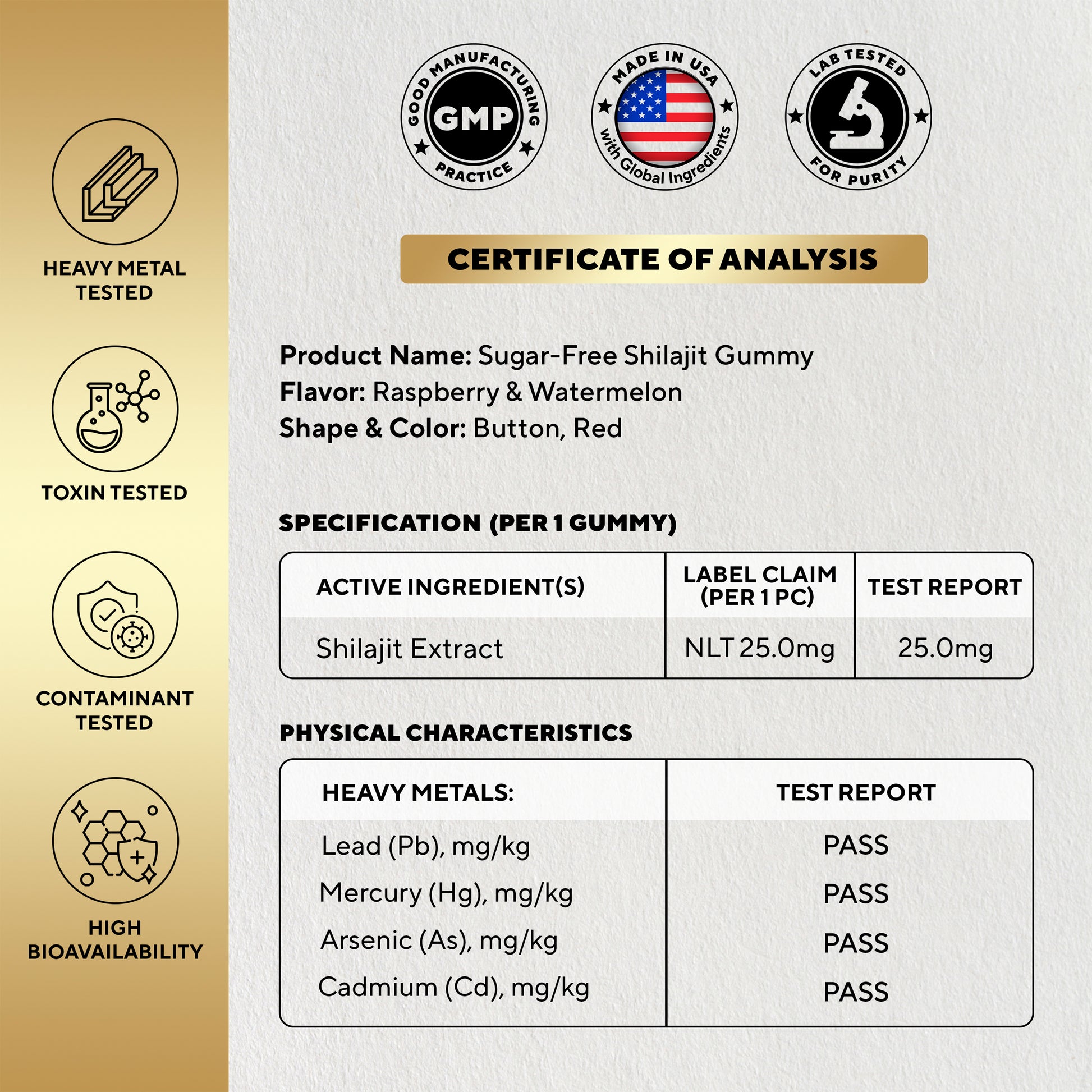 COA for sugar-free VitaUp Shilajit Gummies verifying 25mg Shilajit extract and passing heavy metals tests