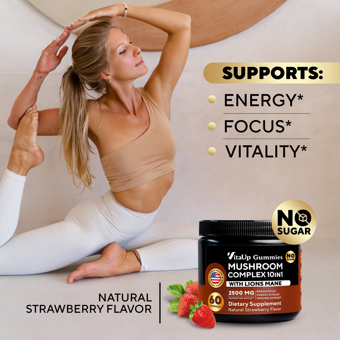 Woman doing yoga next to Mushroom Complex Gummies jar, highlighting energy, focus, and vitality