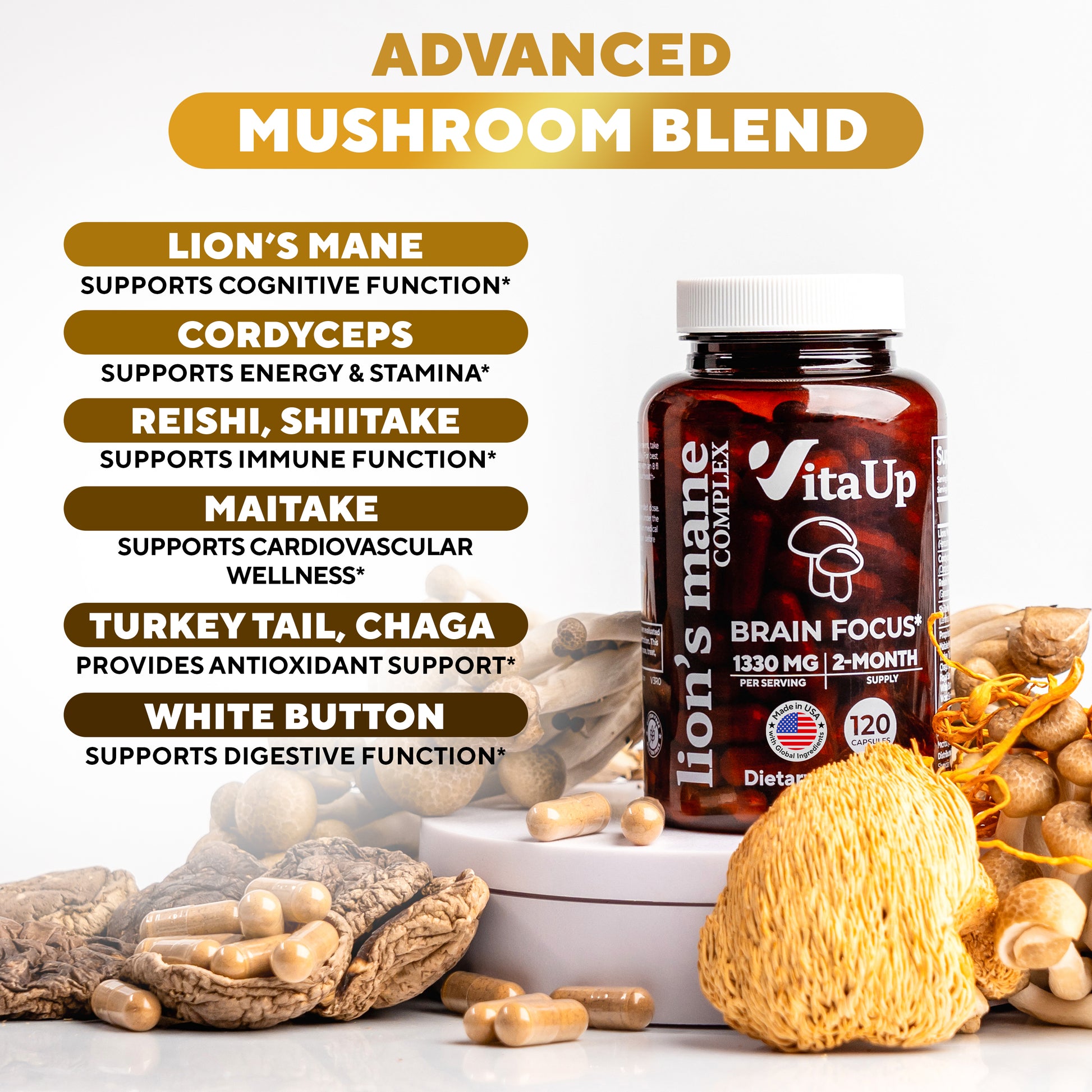 Supplement facts and ingredients label for VitaUp Lion’s Mane with 1330mg per serving.