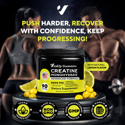 Male and female athletes with defined physiques behind the jar of VitaUp Creatine Monohydrate Gummies. Bold text reads: 'Push Harder, Recover With Confidence, Keep Progressing!' with icons for vegan, non-GMO, GMP, and FDA standards.