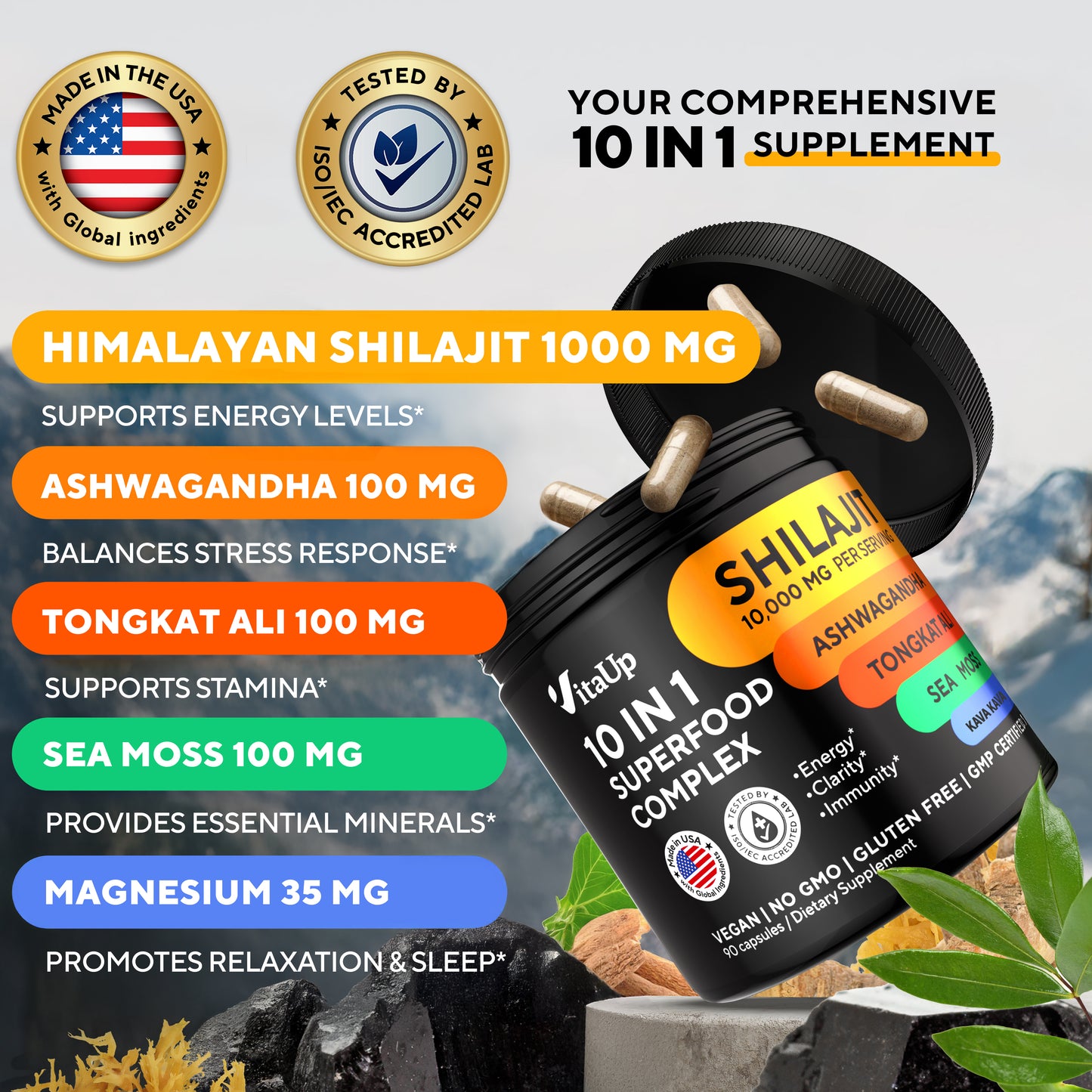 Infographic showing the benefits of VitaUp Himalayan Shilajit for women – supports energy, mood balance, and hormonal health.