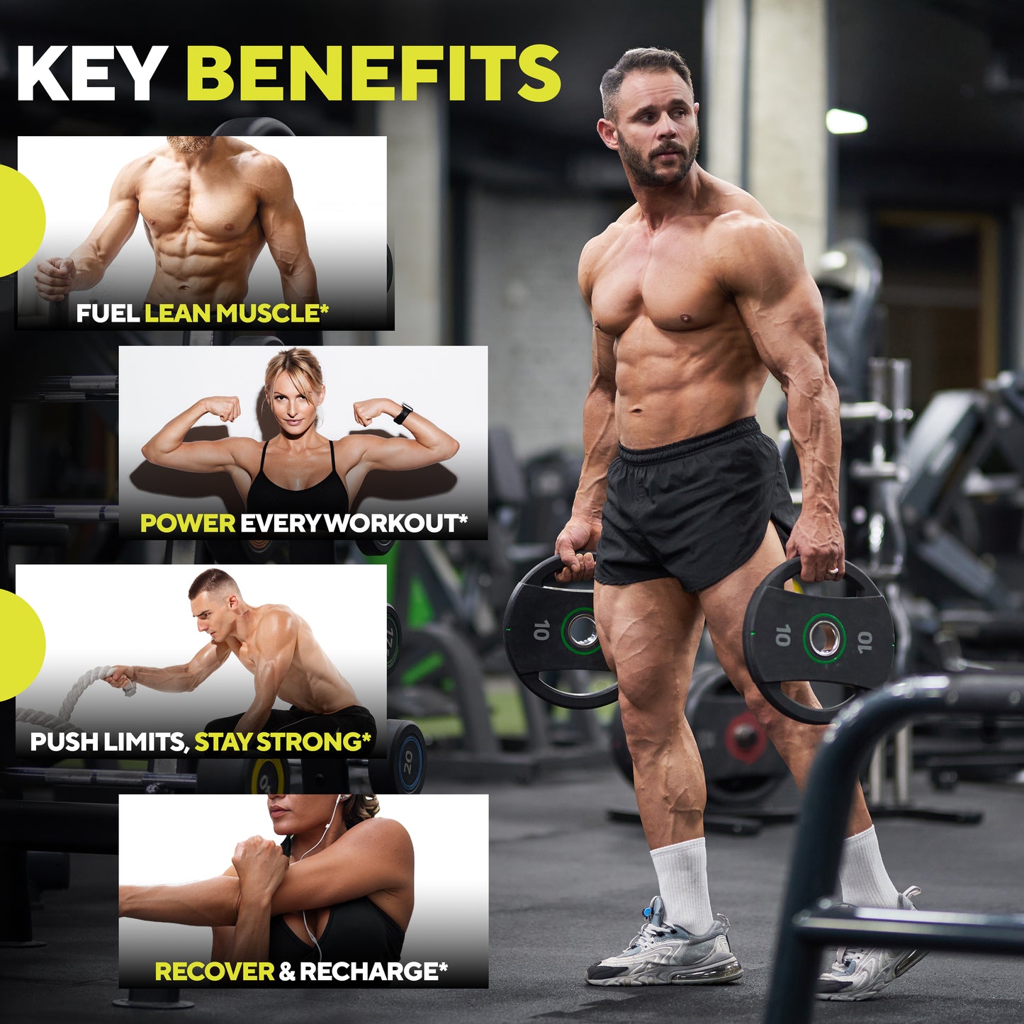 Muscular male holding weights, surrounded by highlighted benefits: Fuel lean muscle, power every workout, push limits and stay strong, and recover and recharge. Bold 'Key Benefits' headline at the top.