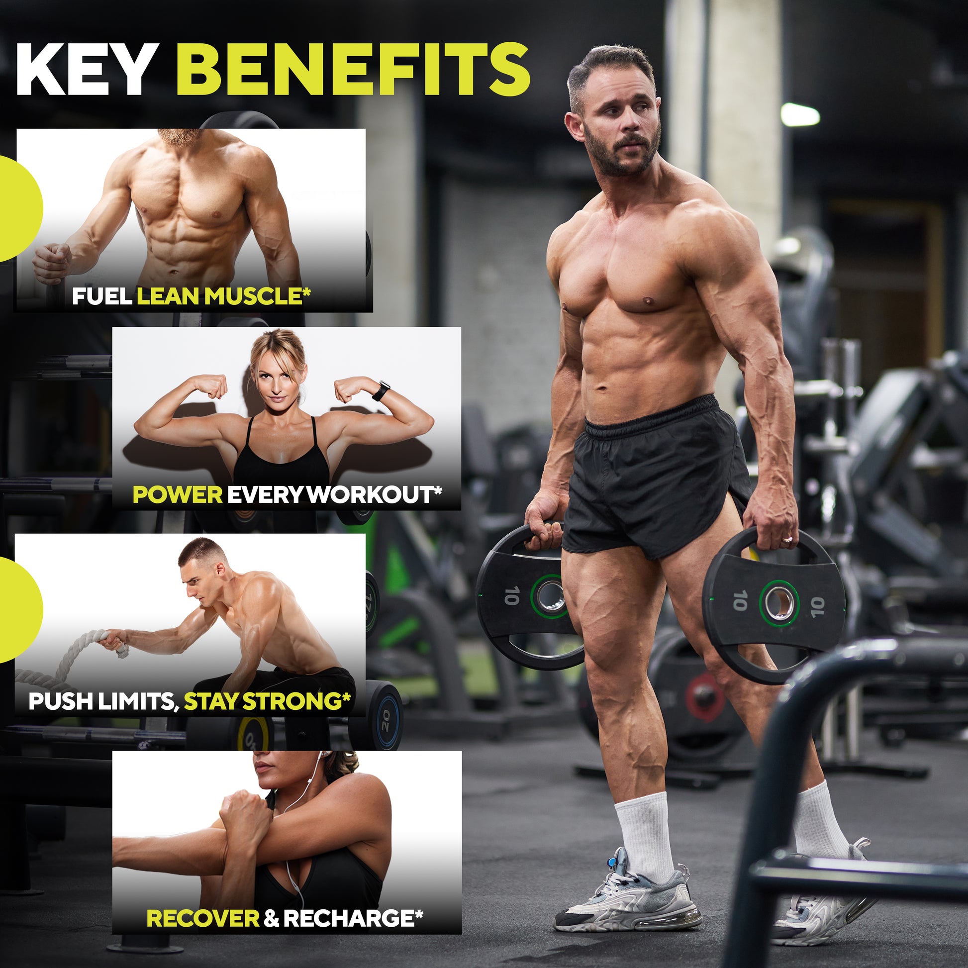 Muscular male holding weights, surrounded by highlighted benefits: Fuel lean muscle, power every workout, push limits and stay strong, and recover and recharge. Bold 'Key Benefits' headline at the top.