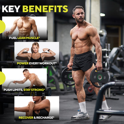 Muscular male holding weights, surrounded by highlighted benefits: Fuel lean muscle, power every workout, push limits and stay strong, and recover and recharge. Bold 'Key Benefits' headline at the top.