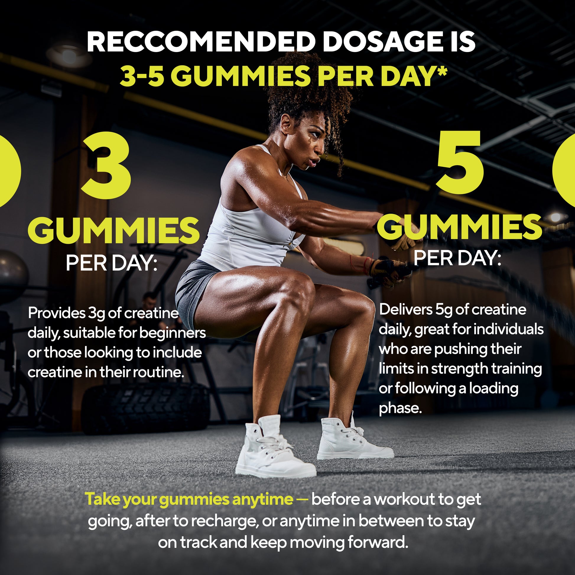 Athletic woman squatting with battle ropes. Text explains recommended dosage of 3-5 gummies per day, depending on fitness goals. Highlights beginner and advanced usage, with flexible timing before or after workouts.