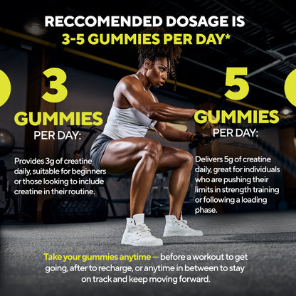 Athletic woman squatting with battle ropes. Text explains recommended dosage of 3-5 gummies per day, depending on fitness goals. Highlights beginner and advanced usage, with flexible timing before or after workouts.