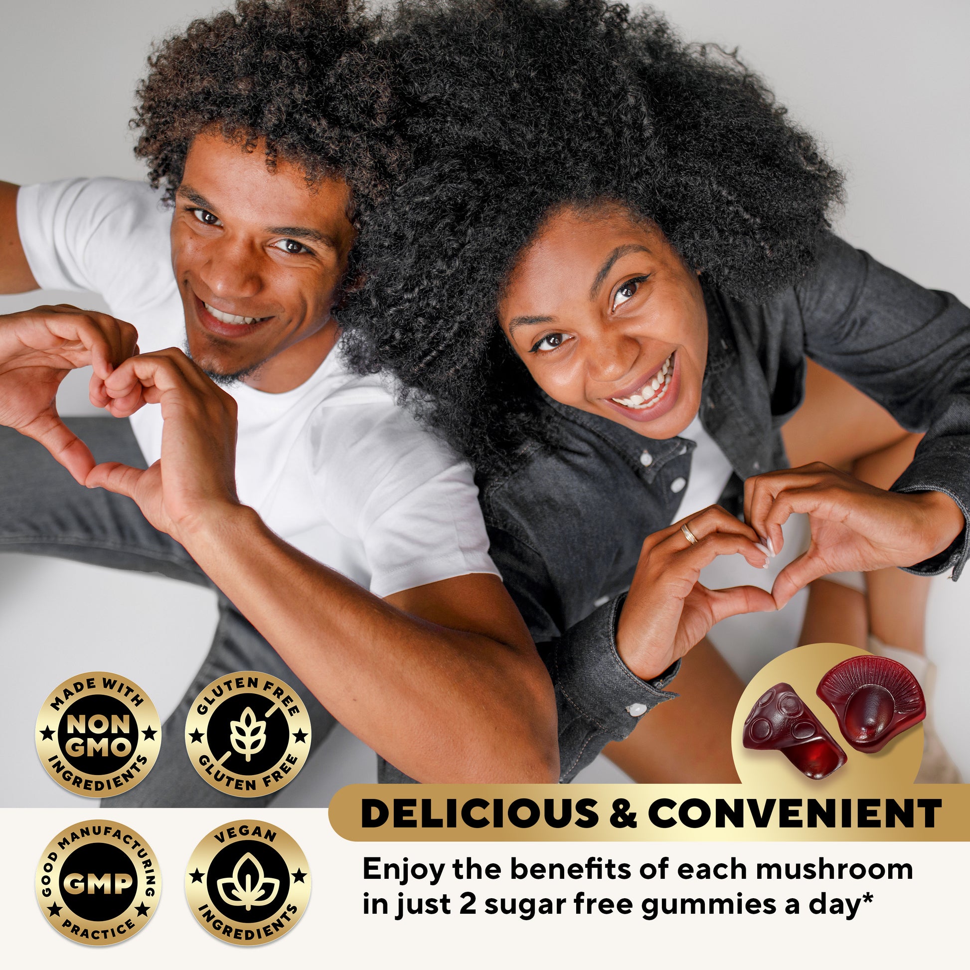 Happy couple forming hearts with hands and promoting the convenience of daily mushroom gummy use