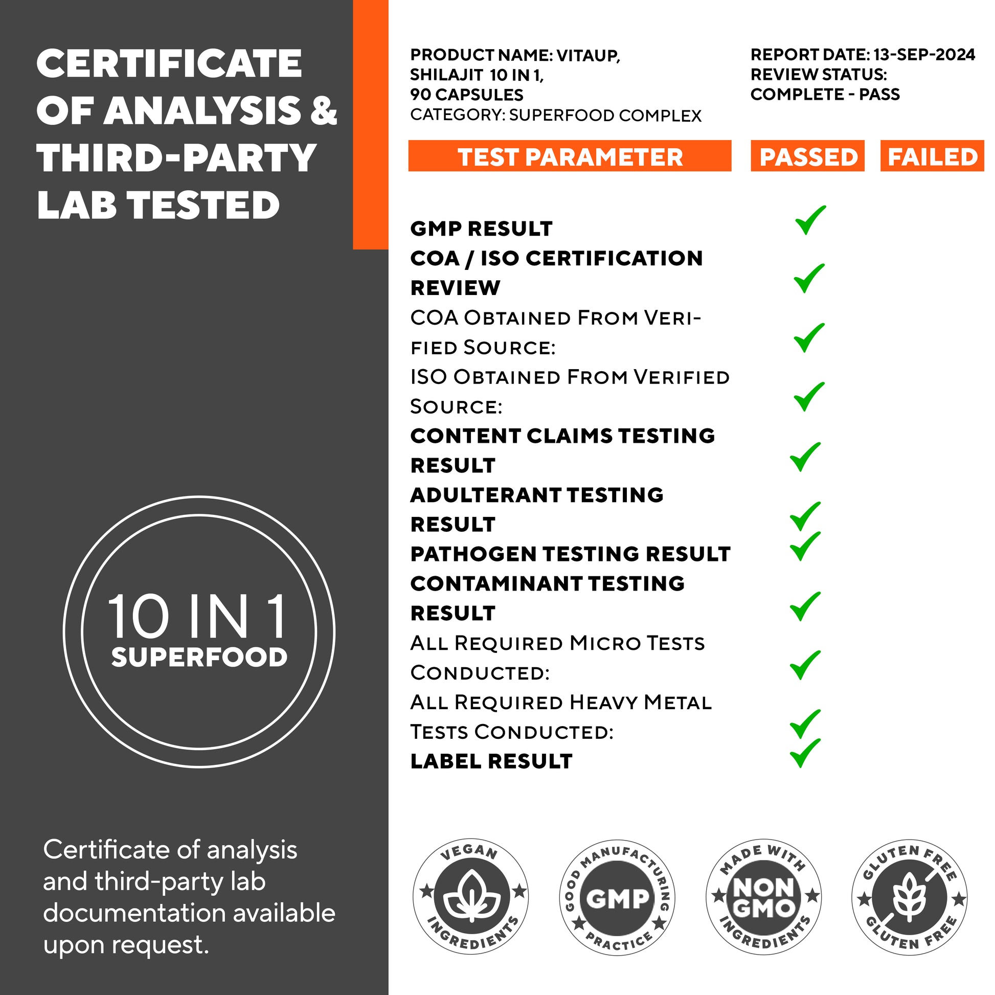 Assurance icons for VitaUp – vegan, gluten-free, non-GMO, made in the USA, GMP certified, and third-party tested.