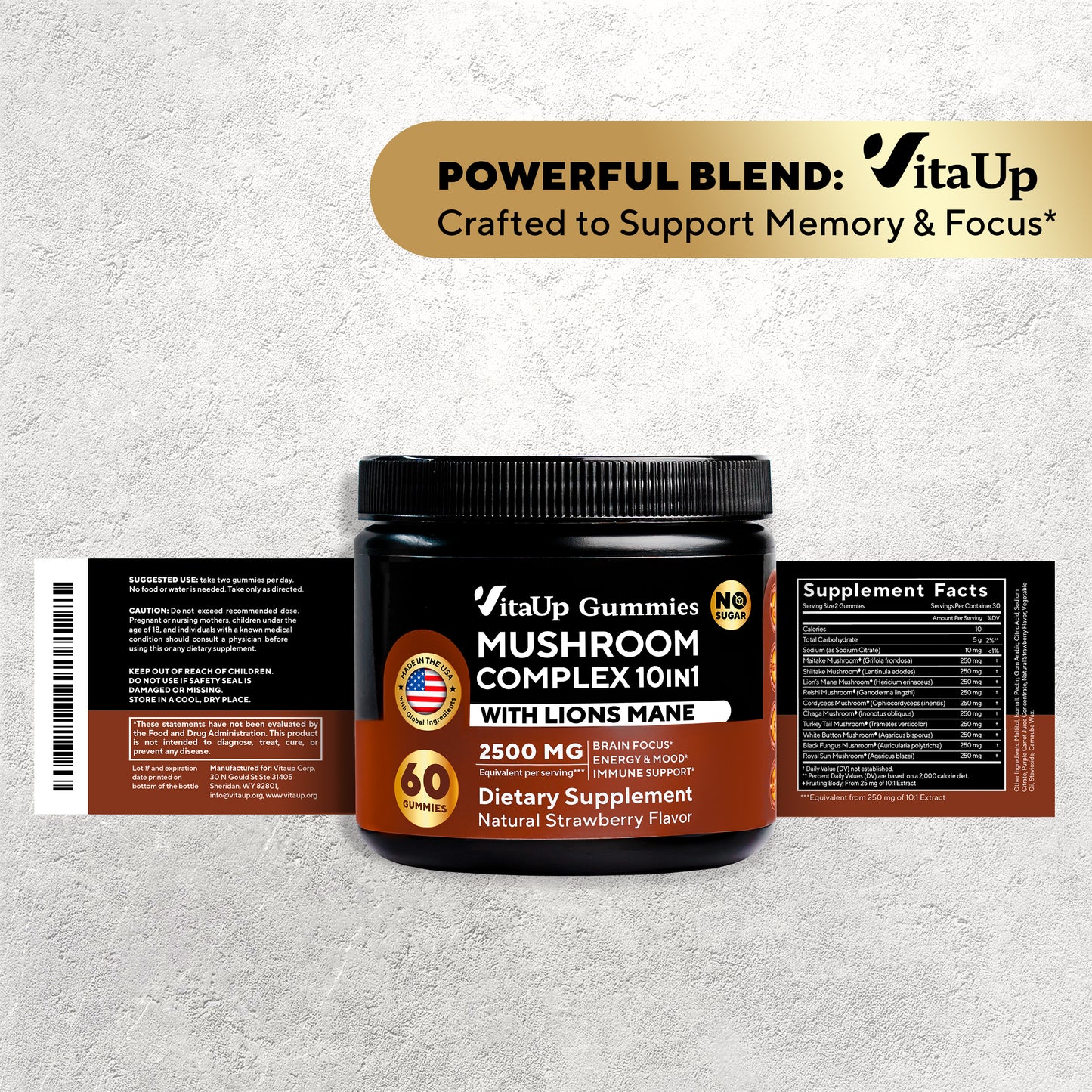 Close-up of Mushroom Complex Gummies label and wrapper showcasing powerful blend for memory and focus