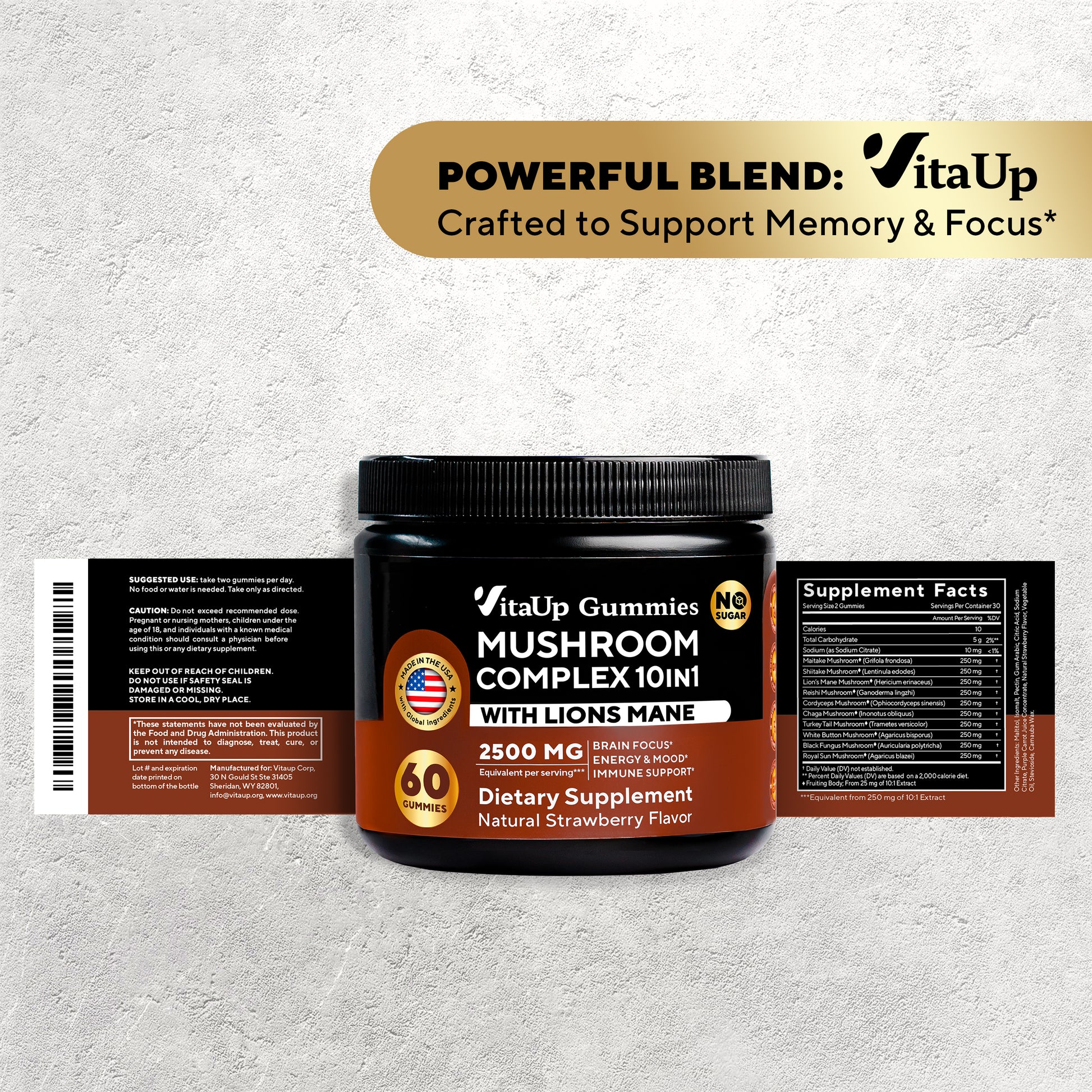 Close-up of Mushroom Complex Gummies label and wrapper showcasing powerful blend for memory and focus