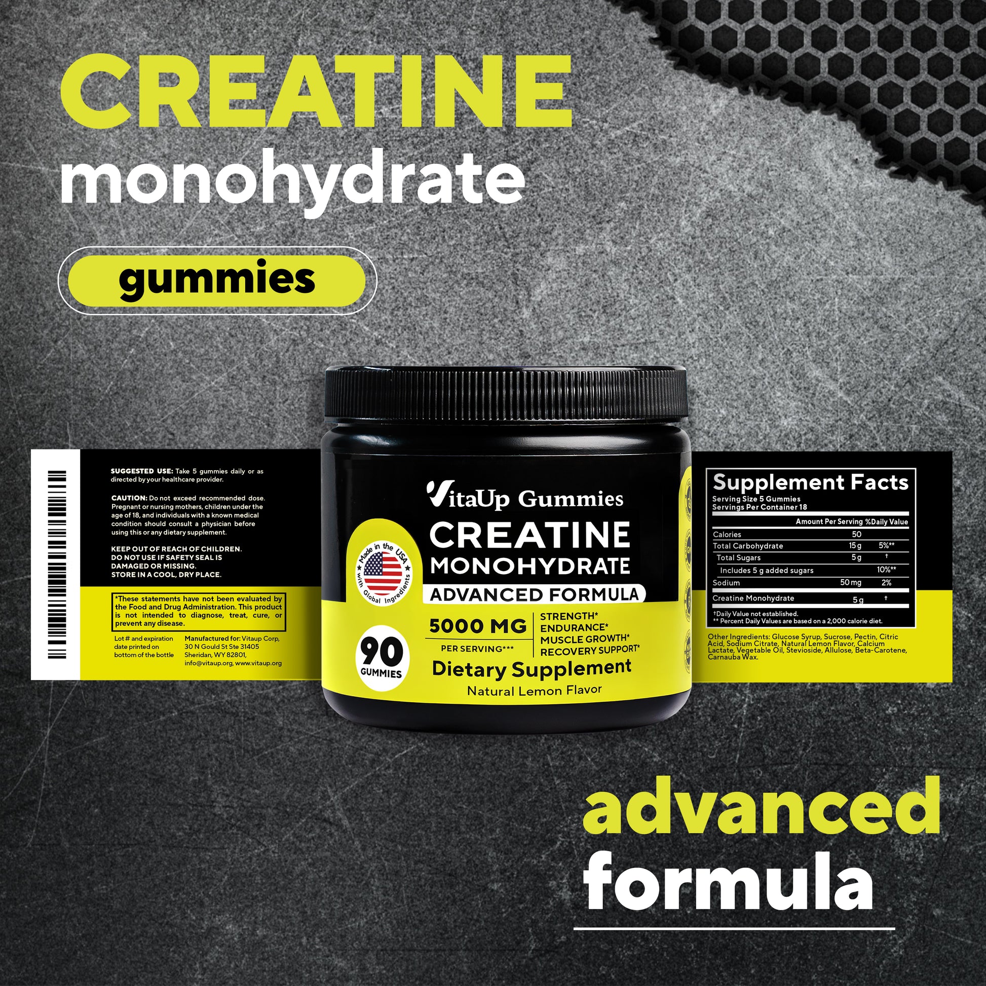 Jar of VitaUp Creatine Monohydrate Gummies with unfolded product label and supplement facts visible. Bold 'Creatine Monohydrate Gummies' and 'Advanced Formula' text displayed on a textured gray background.