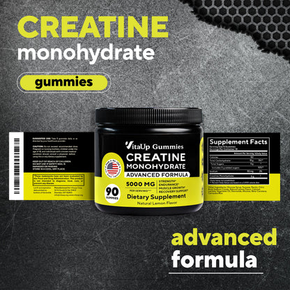 Jar of VitaUp Creatine Monohydrate Gummies with unfolded product label and supplement facts visible. Bold 'Creatine Monohydrate Gummies' and 'Advanced Formula' text displayed on a textured gray background.