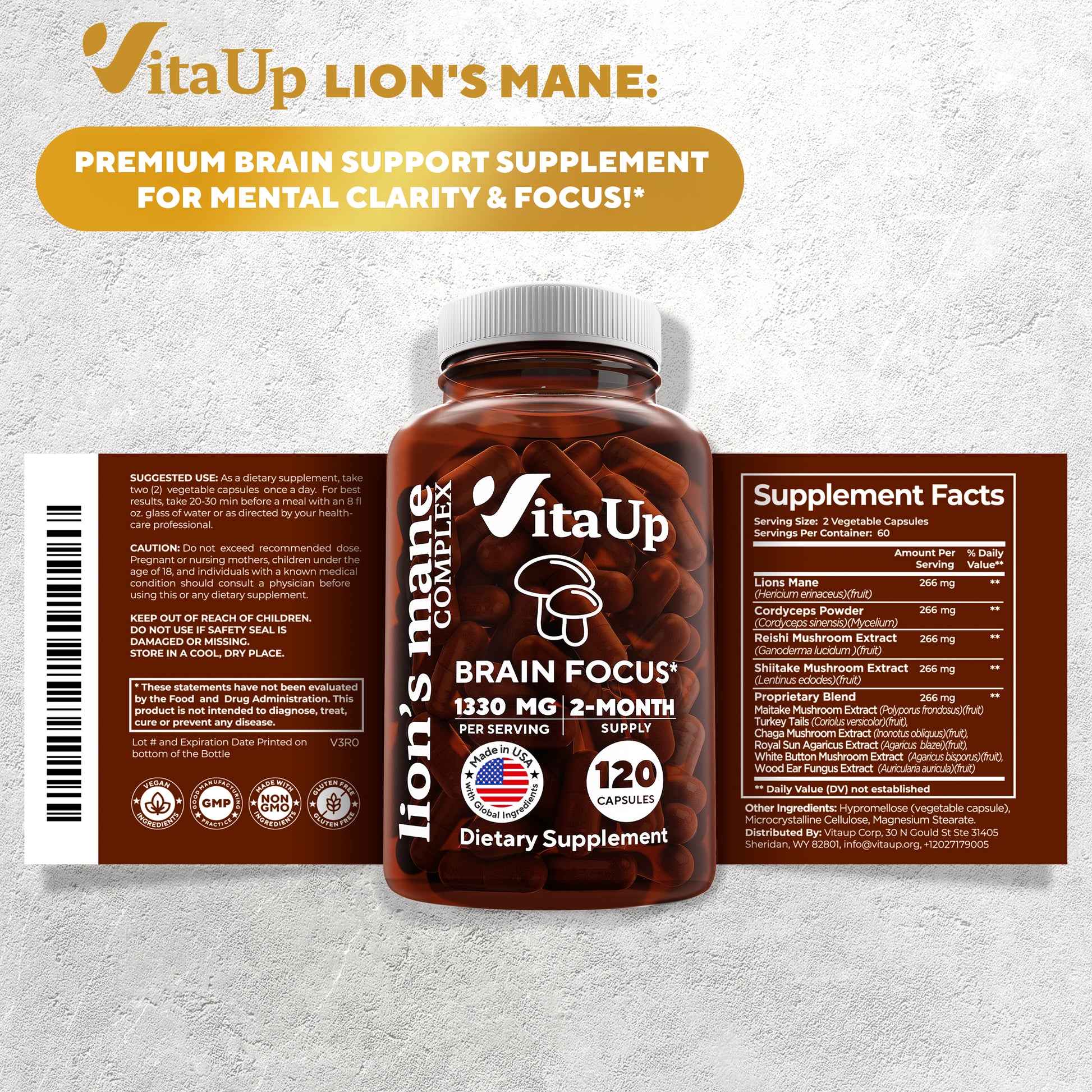 Supplement facts label of VitaUp Lion’s Mane – includes 1330mg per serving from organic extract